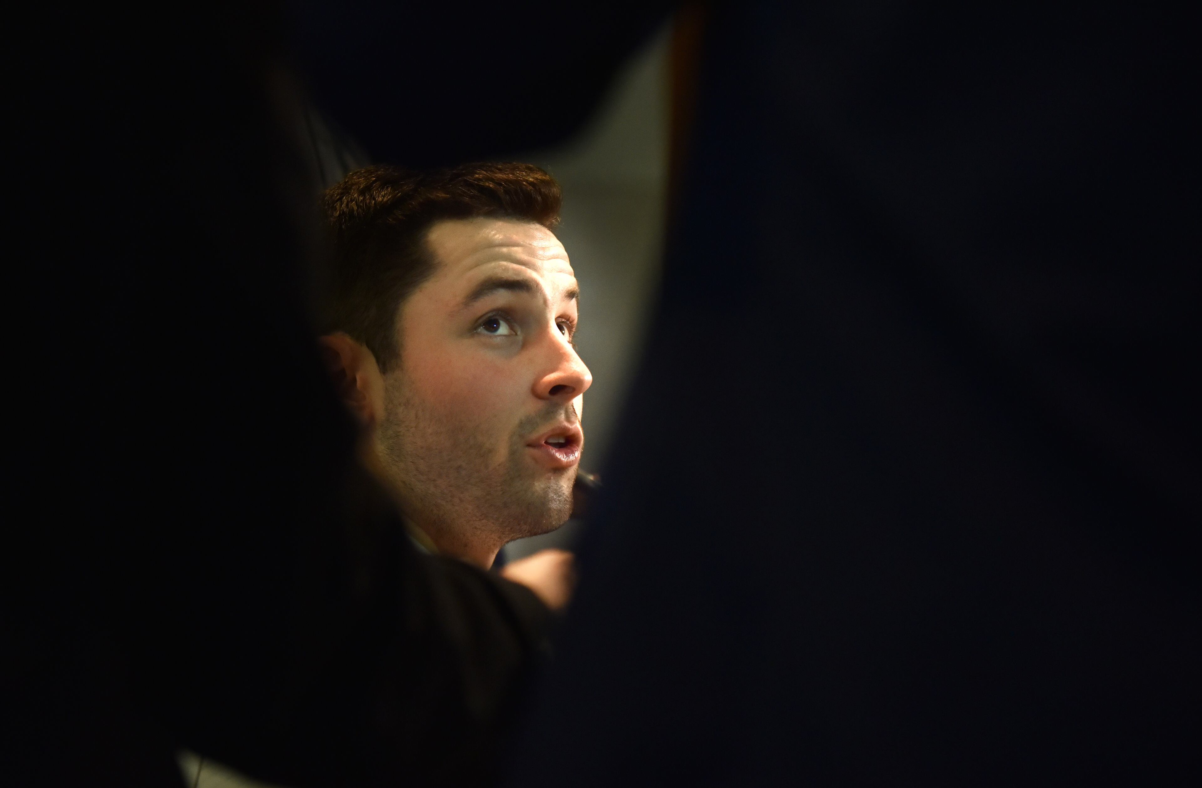 December 6, 2017 Atlanta - Oklahoma quarterback Baker Mayfield speaks to members of the press a day before the "College Football Awards" show at College Football Hall of Fame on Wednesday, December 6, 2017. HYOSUB SHIN / HSHIN@AJC.COM