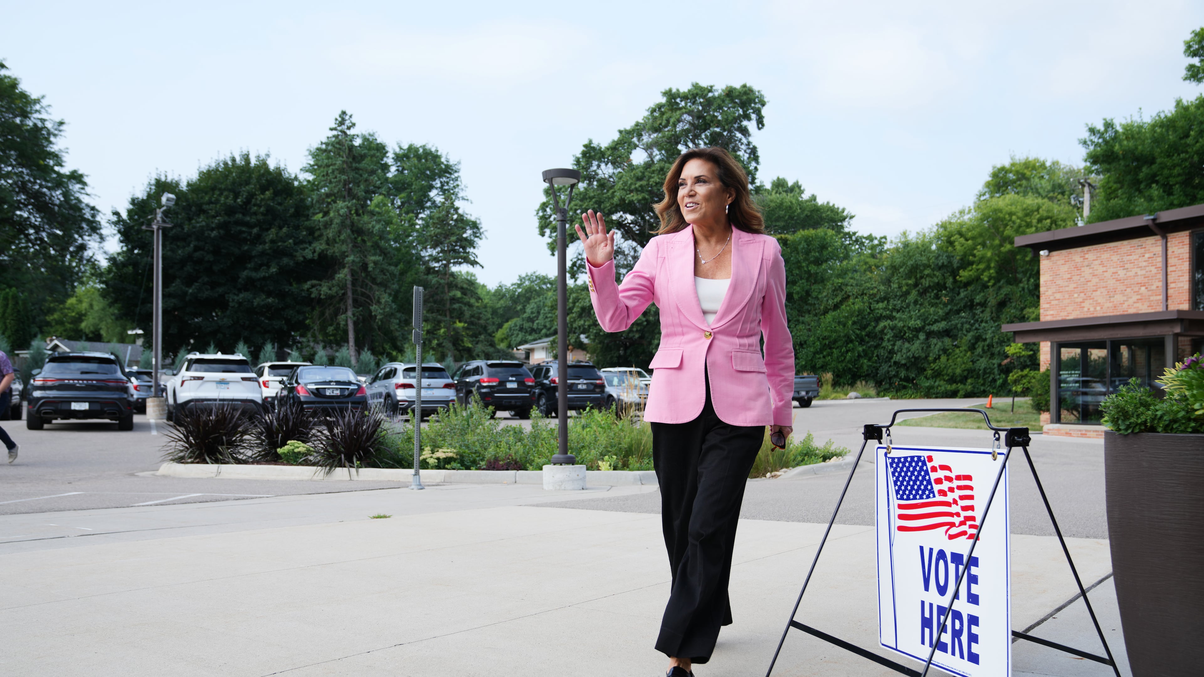 Michele Tafoya, a Republican candidate for U.S. Senate, arrives to vote on Tuesday, Aug. 11, 2026, in Minneapolis. (AP Photo/Ellen Schmidt)