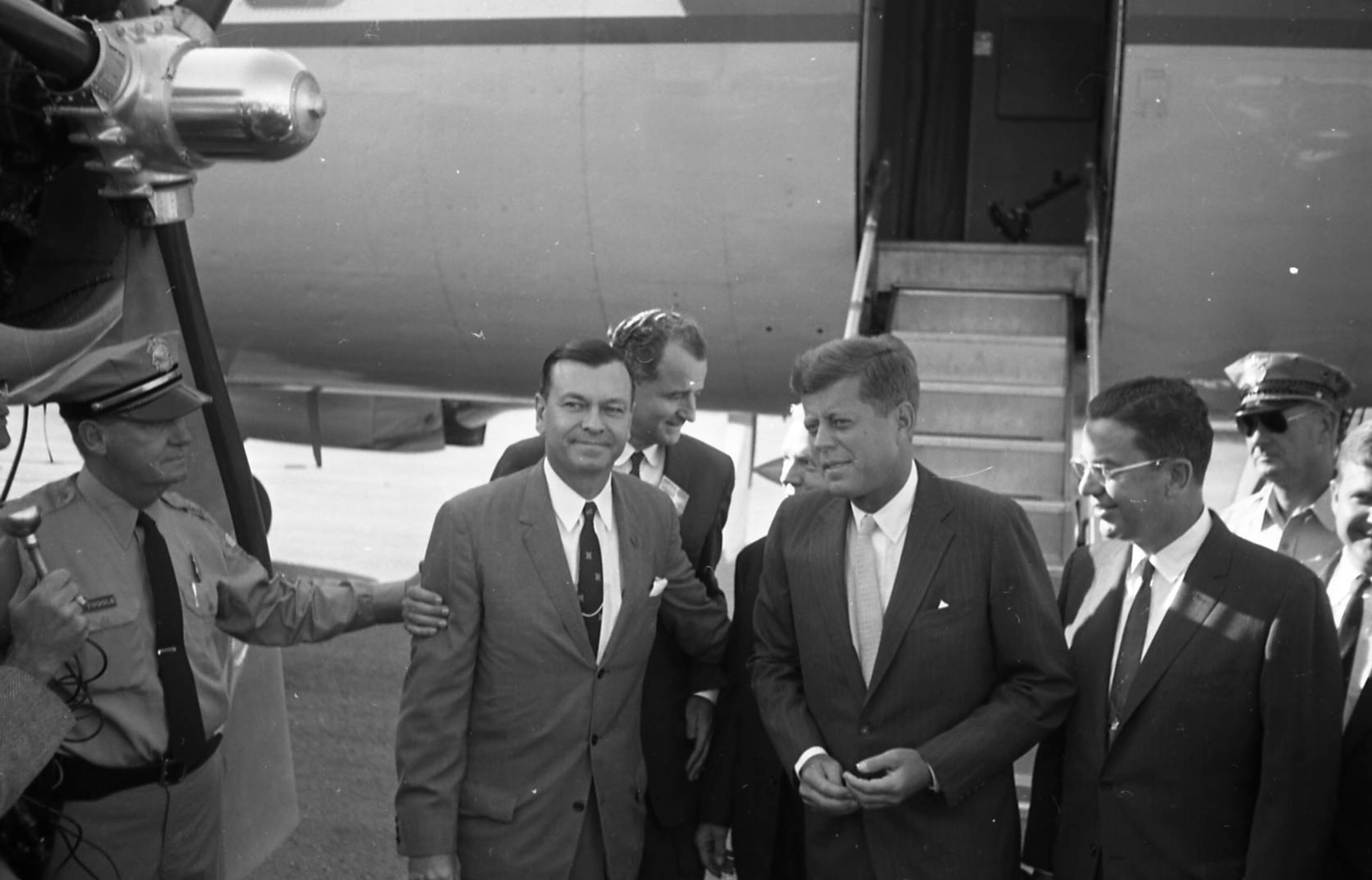 Senator John F. Kennedy and his staff arriving at the LaGrange-Callaway airport during this presidential campaign, LaGrange, Georgia, October 10, 1960. Atlanta Journal-Constitution Photographic Archive