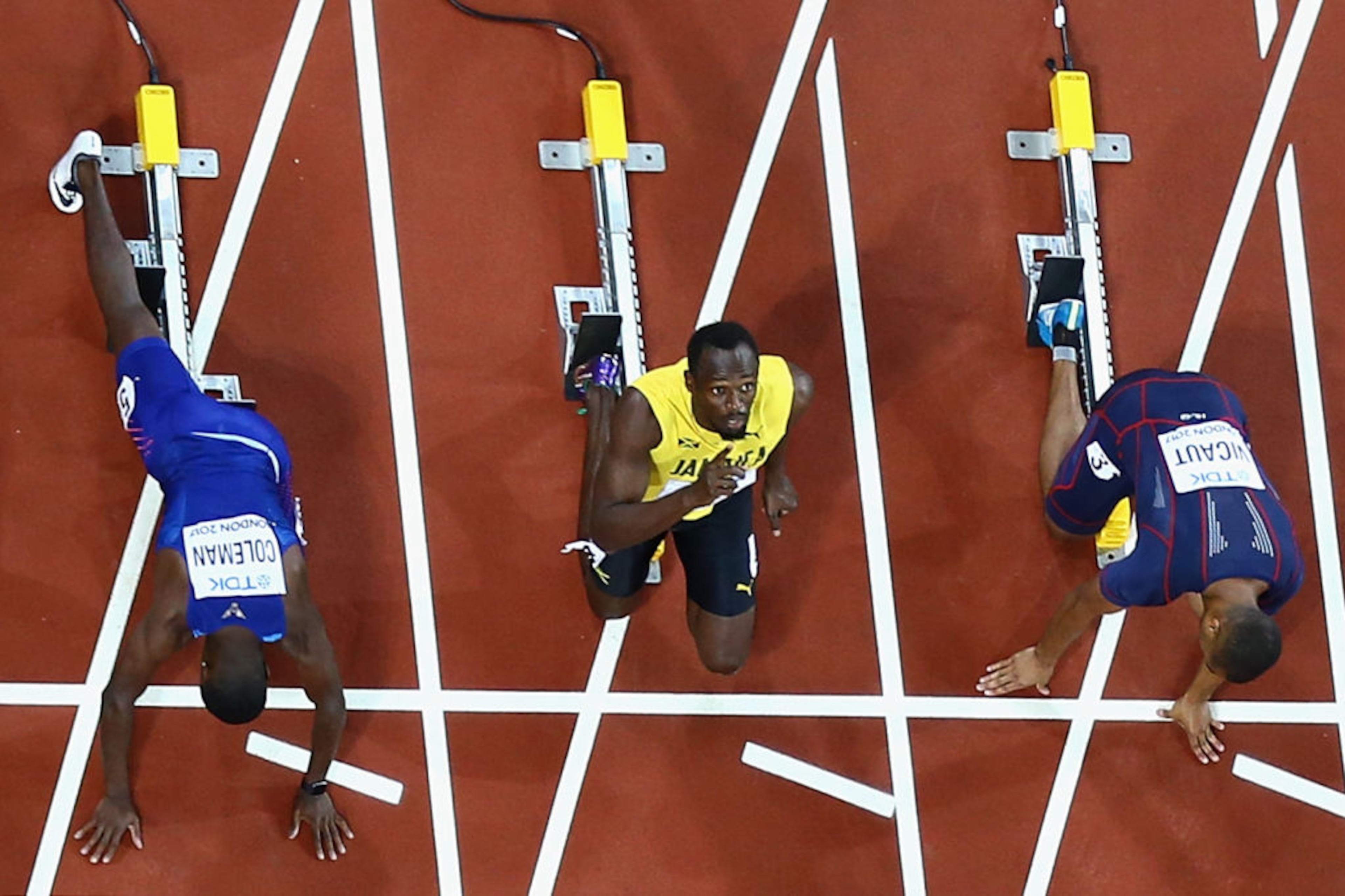LONDON, ENGLAND - AUGUST 05: Usain Bolt of Jamaica looks to the skies before settling into his blocks before the Men's 100 metres final during day two of the 16th IAAF World Athletics Championships London 2017 at The London Stadium on August 5, 2017 in London, United Kingdom. (Photo by David Ramos/Getty Images)
