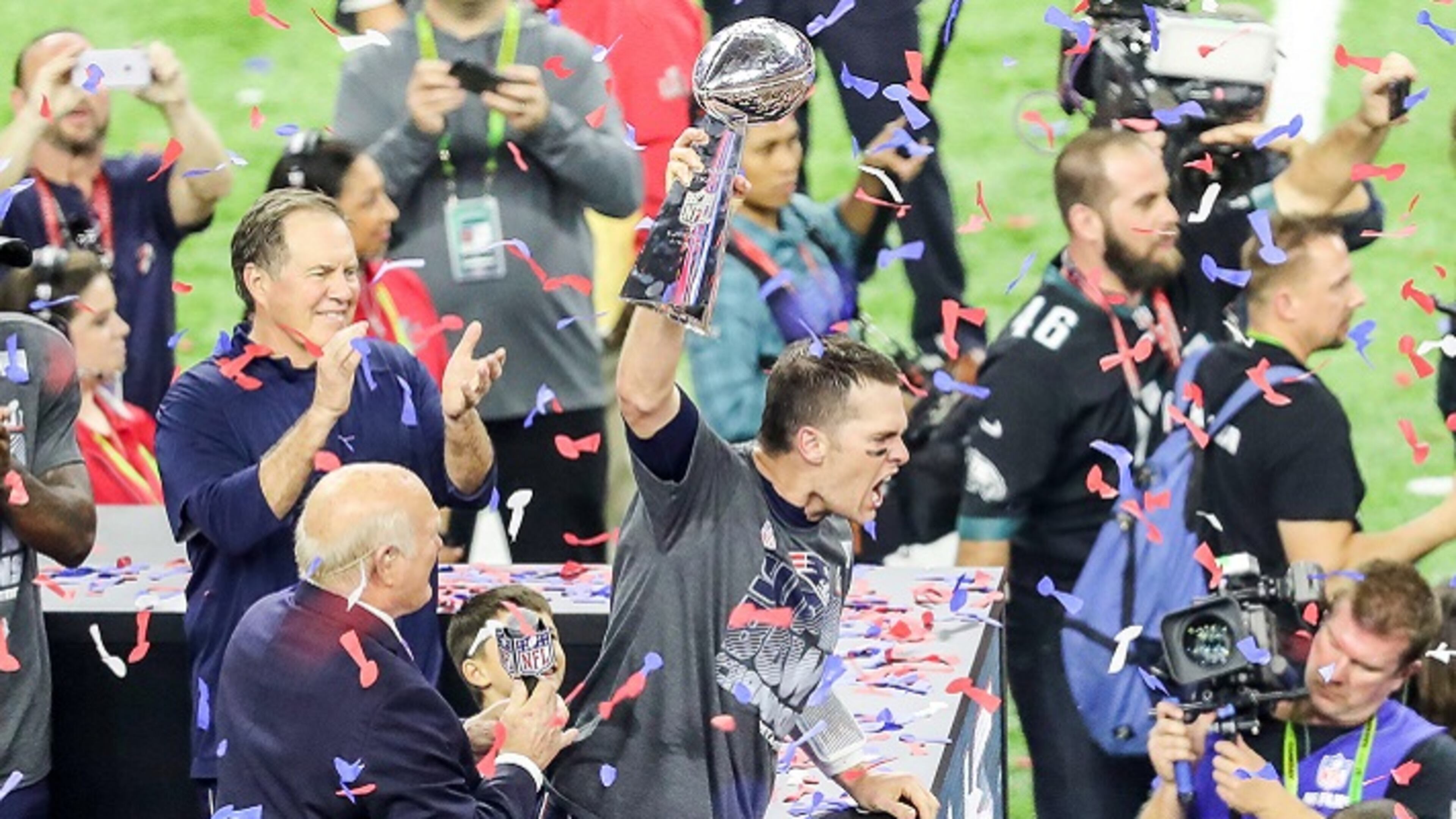 New England Patriots quarterback Tom Brady (12) celebrates after Super Bowl LI on Sunday, Feb. 5, 2017 at NRG Stadium in Houston, Texas. (Dan Wozniak/Zuma Press/TNS)