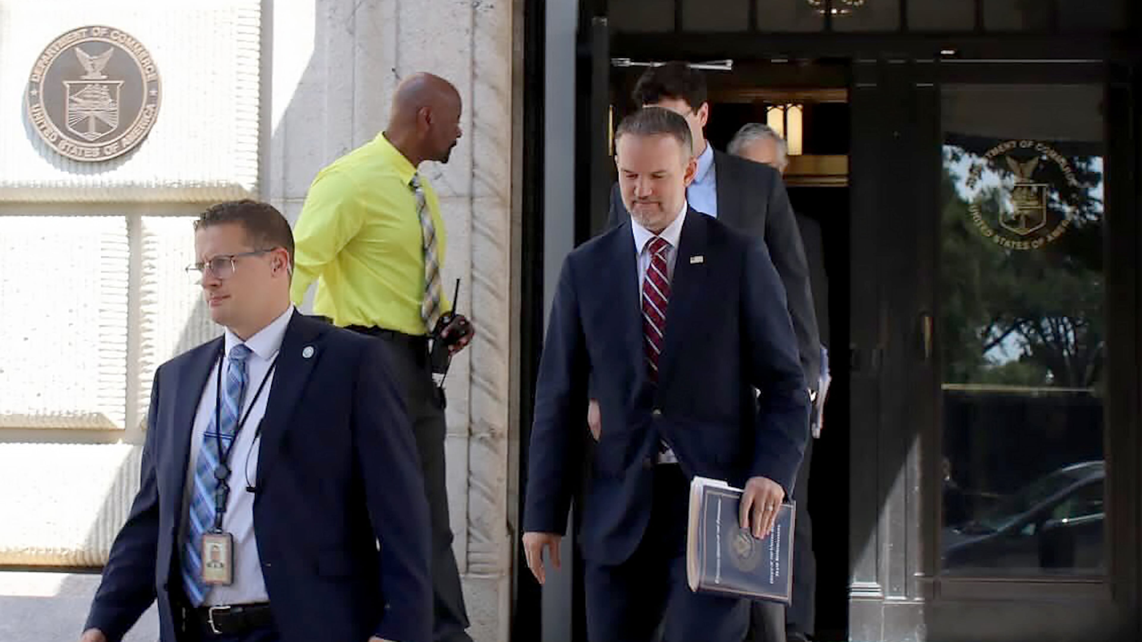 United States Trade Representative Jamieson Greer, center, leaves the U.S. Department of Commerce following a meeting with Canadian officials, in Washington, Monday, Aug. 17, 2026. (Kelly Geraldine Malone/The Canadian Press via AP)