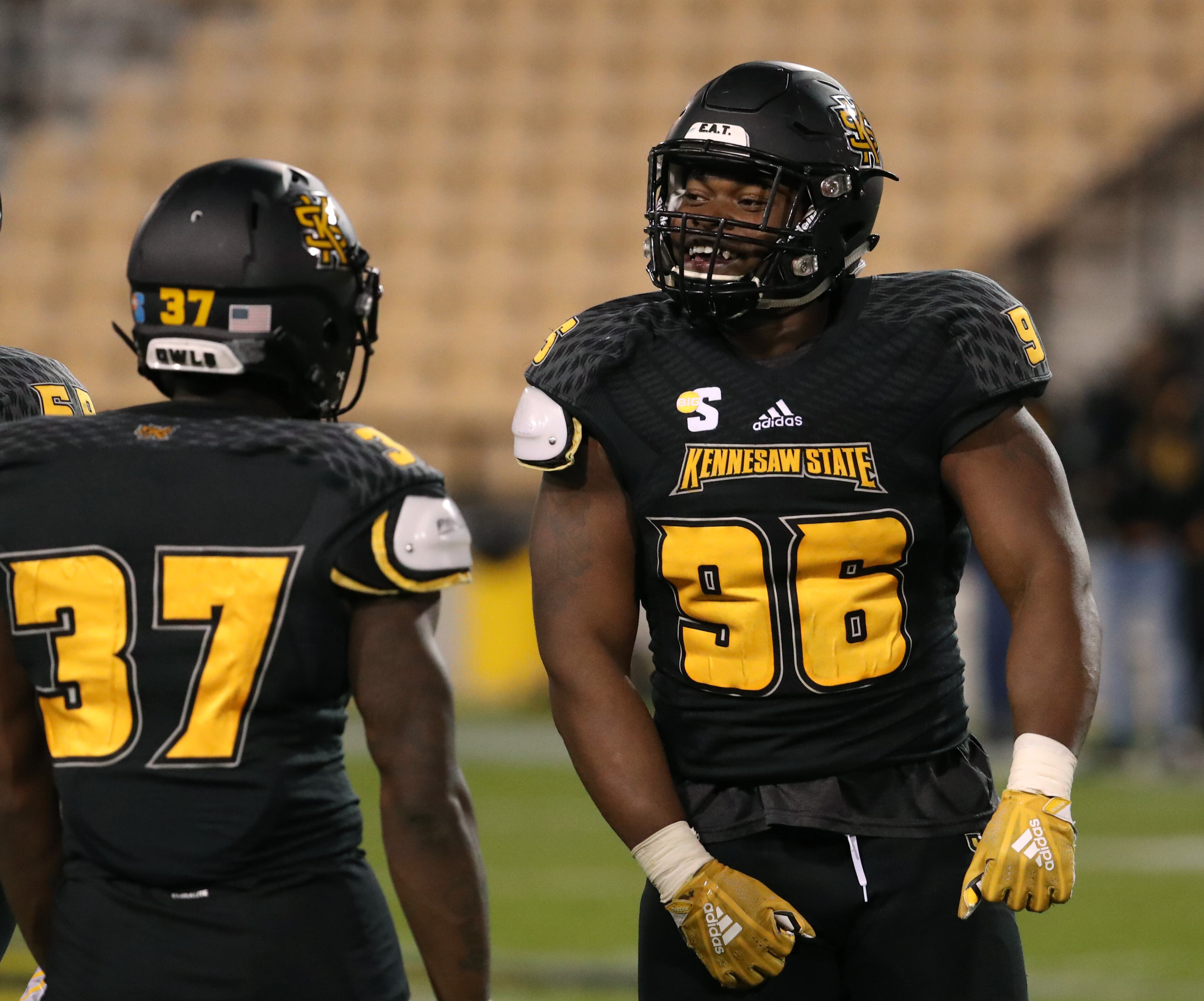 March 22, 2019 - Kennesaw, Ga: Kennesaw State Owls defensive lineman Travis Bell (96) celebrates a defensive play during the KSU spring football game at Fifth Third Bank Stadium Friday, March 22, 2019 in Kennesaw, Ga.. (JASON GETZ/SPECIAL TO THE AJC)