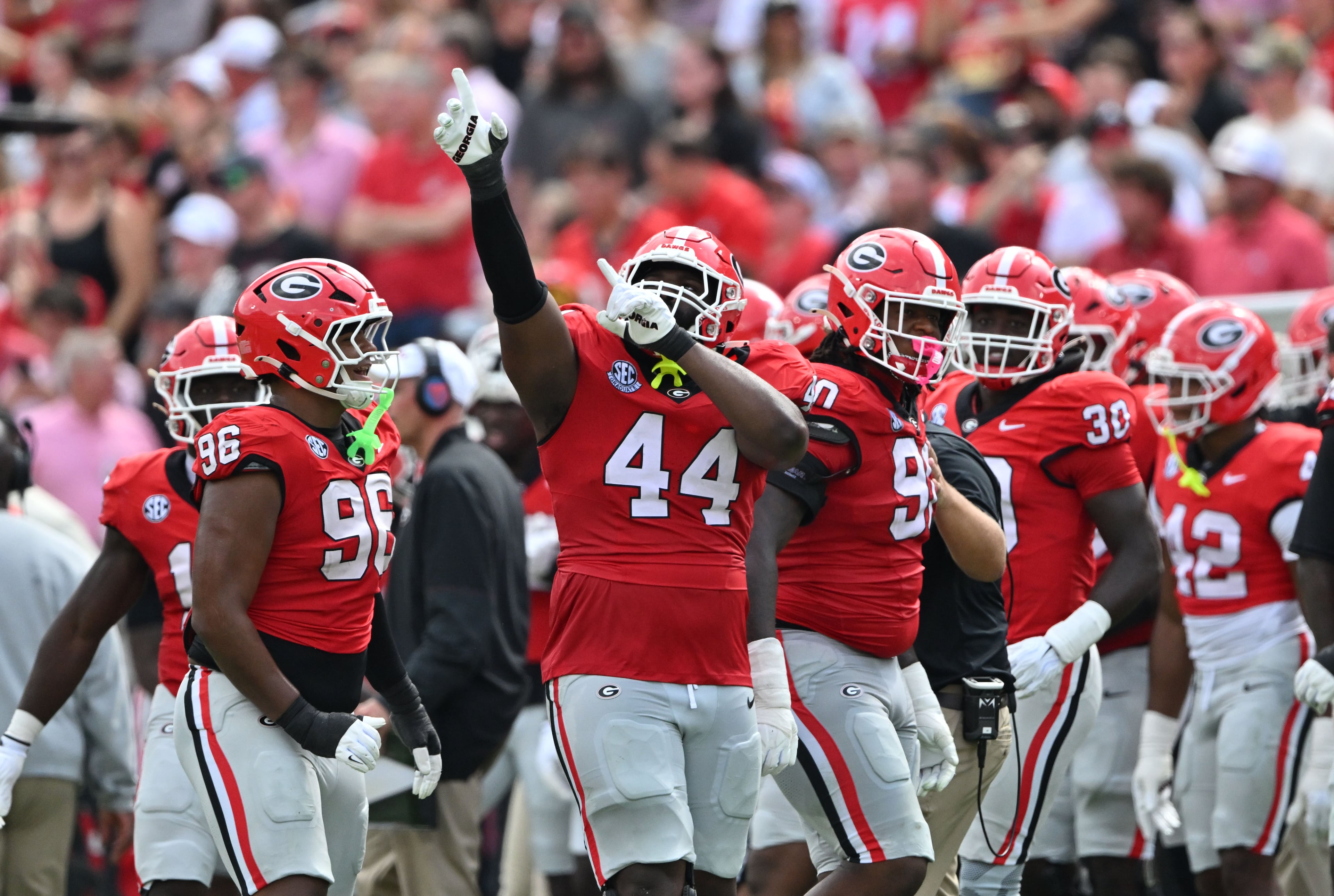 Georgia defensive lineman Jordan Hall (44) celebrates after blocking the kick by Vanderbilt kicker Brock Taylor (88) during the first half in an NCAA football game at Sanford Stadium on Saturday, Oct. 3, 2026, in Athens. (Hyosub Shin/AJC)