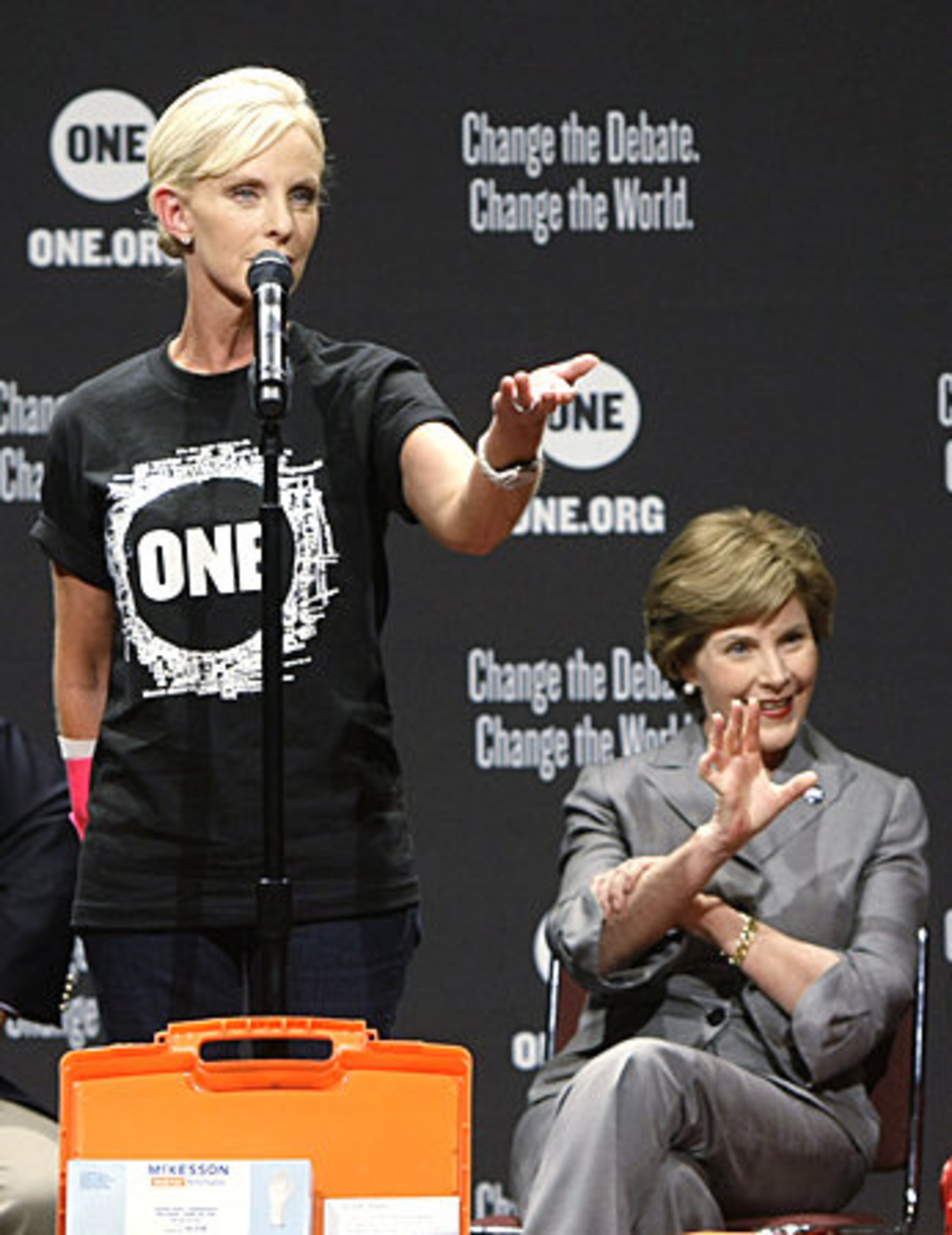 Even a simple black T-shirt becomes something more. McCain was with first lady Laura Bush at a Minneapolis benefit Tuesday for health-care workers in Africa.