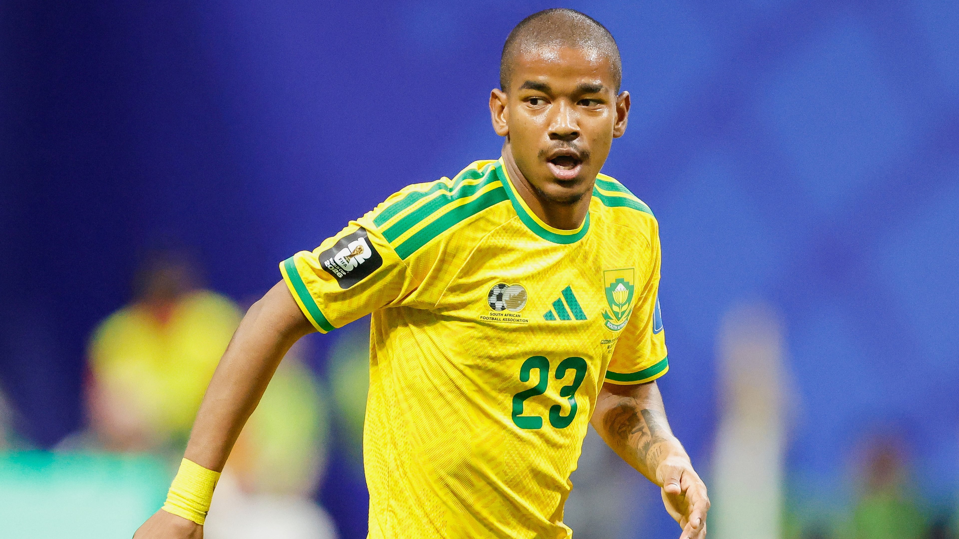 FILE - South Africa's Jayden Adams during the World Cup Group A soccer match between Czechia and South Africa in Atlanta, Thursday, June 18, 2026. (AP Photo/Stew Milne, File)