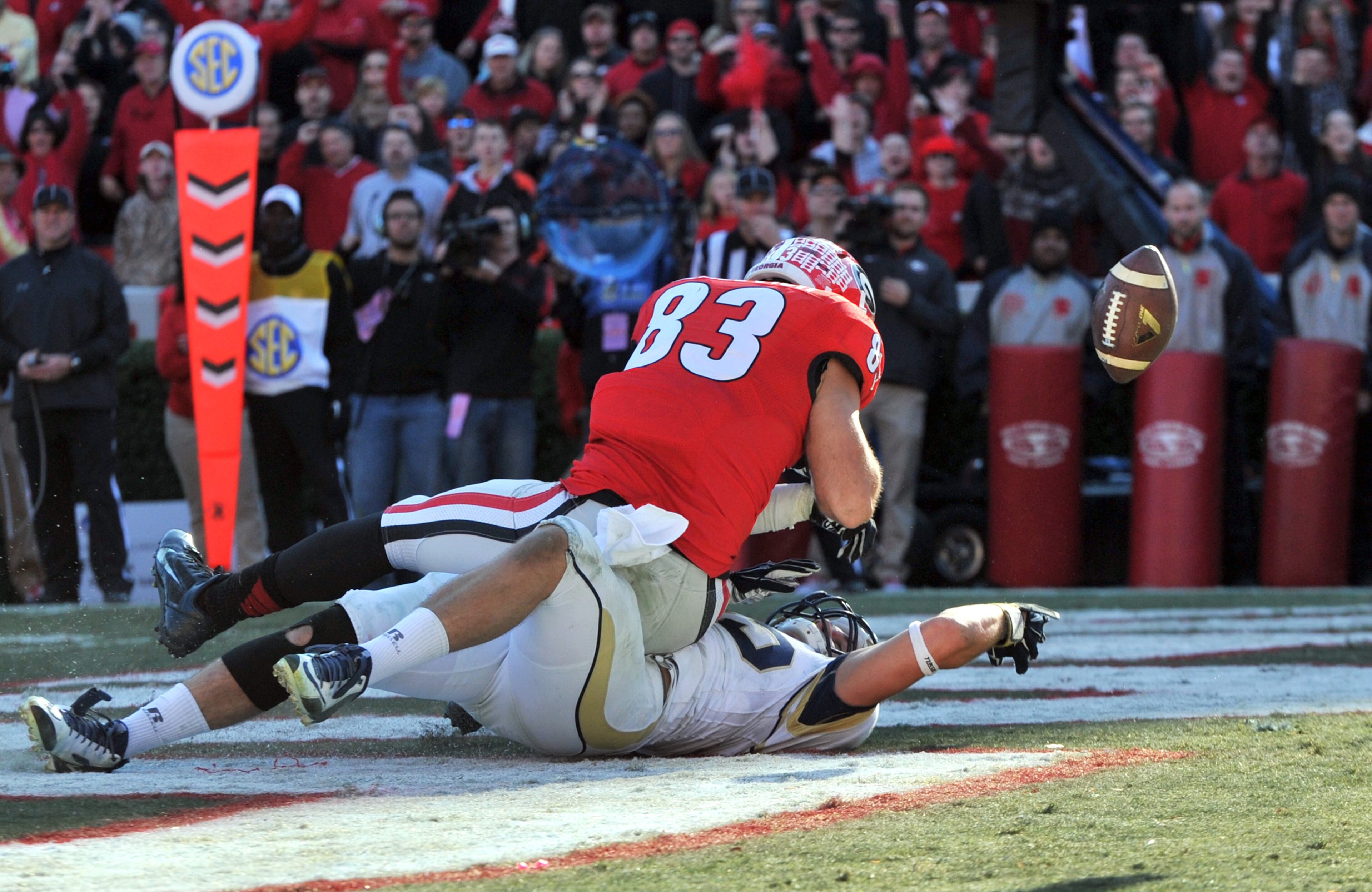Linebacker Tyler Marcordes: Here he defends Georgia tight end Jeb Blazevich and forces him to loose control of a pass in their game at Sanford Stadium on Nov. 29, 2014. HYOSUB SHIN / HSHIN@AJC.COM