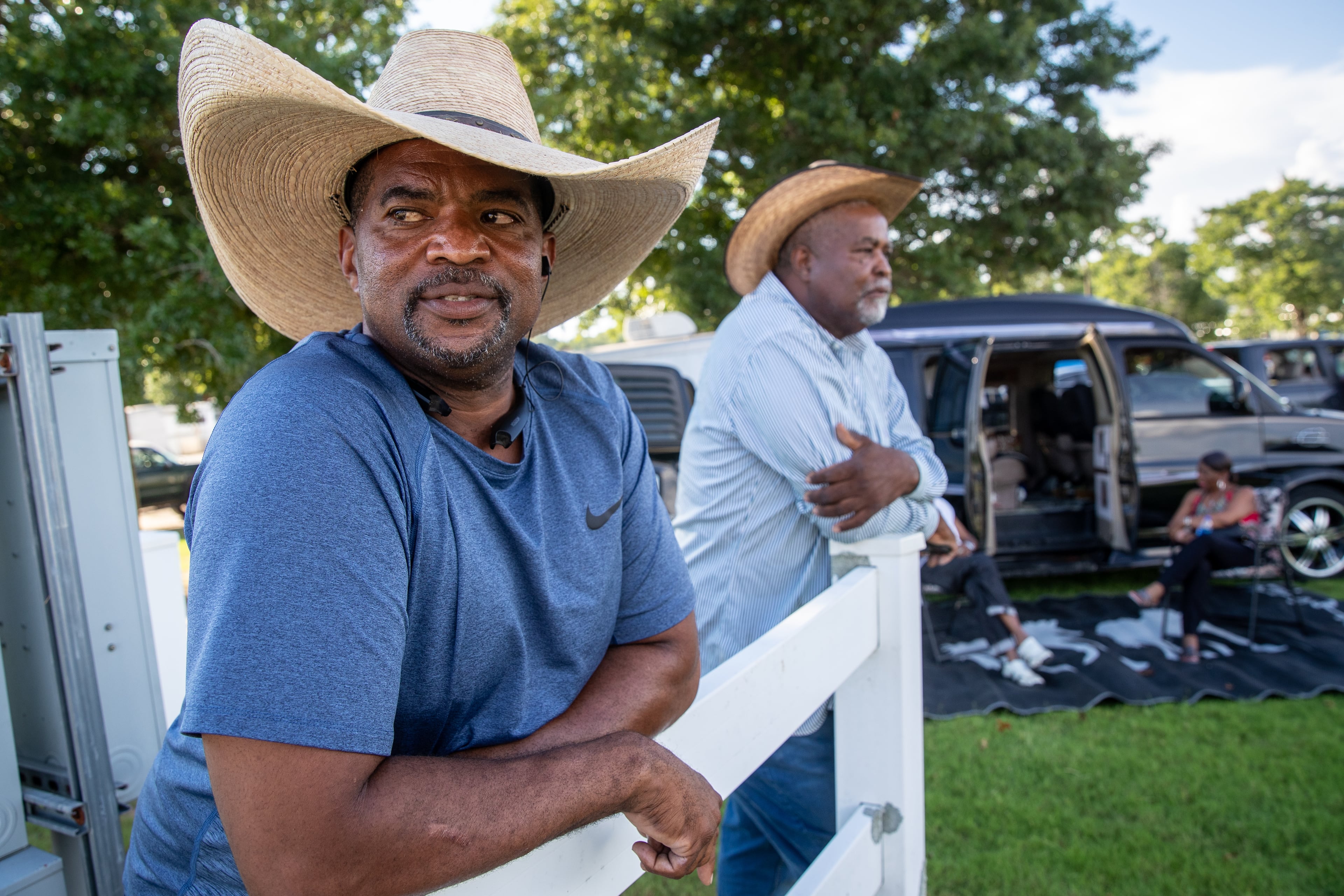Michael Byrd (left) and John F. Kennedy wait for the start of the Bill Pickett Rodeo at the Georgia International Horse Park in Conyers on Saturday, August 6, 2022. (Photo: Steve Schaefer / steve.schaefer@ajc.com)