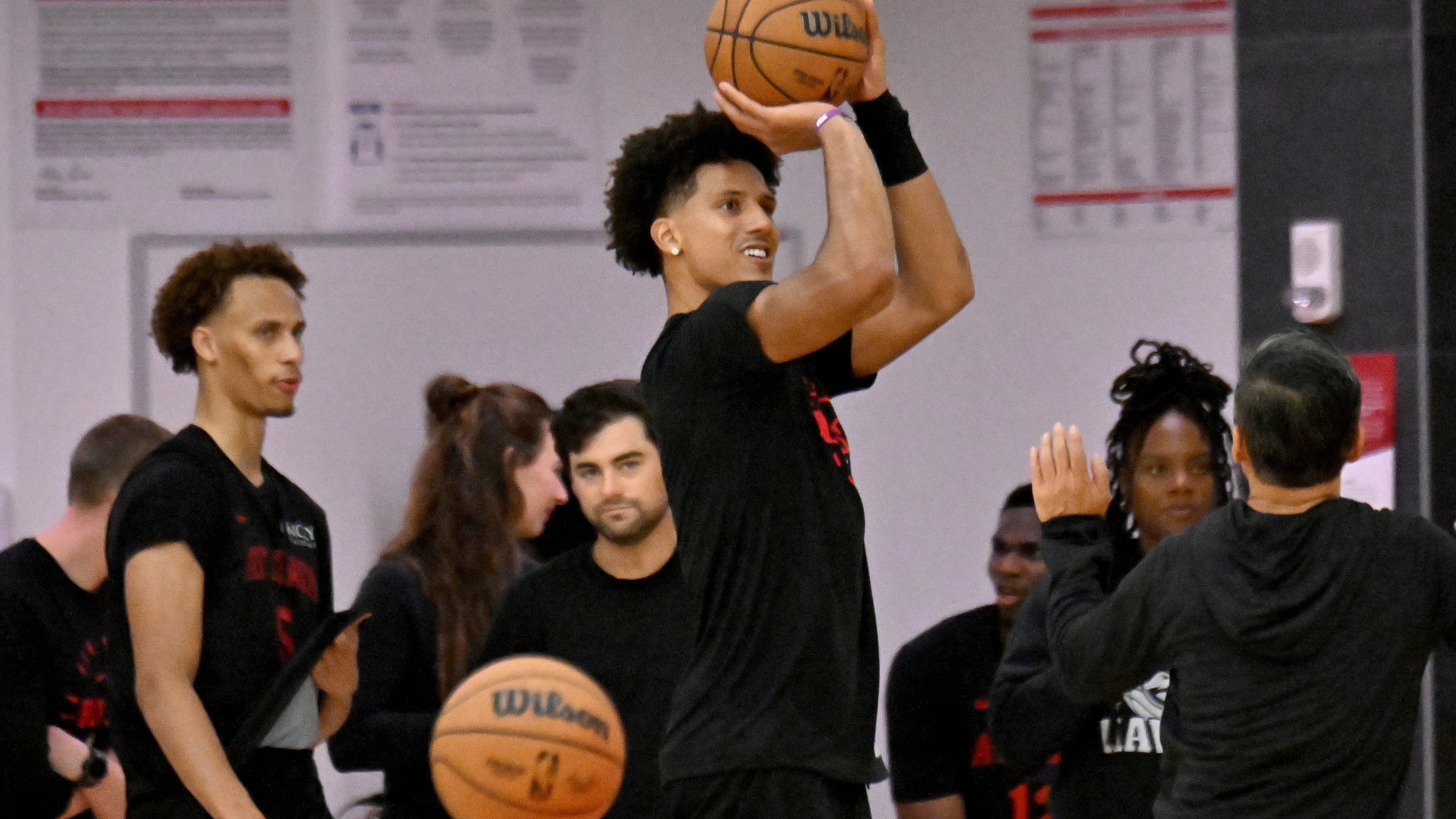Hawks forward Jalen Johnson — pictured taking a shot during the first day of training camp on Tuesday, Sept. 30, 2025 — scored 11 points with two rebounds, two steals and two blocked shots in Atlanta's exhibition opener Monday. (Hyosub Shin/AJC)