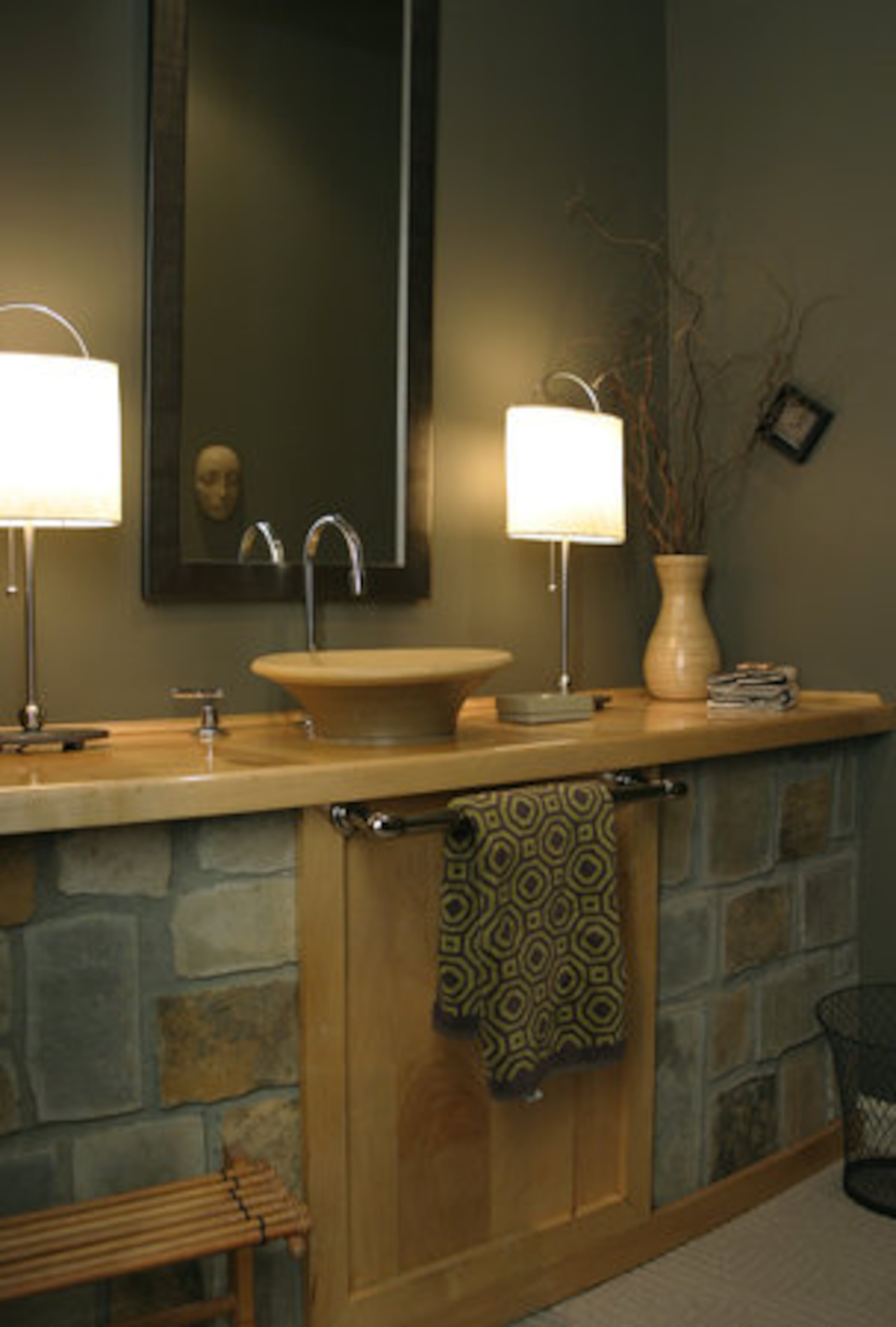 Scott Mills made the powder room wooden vanity "with the help of a friend and a lot of power tools."