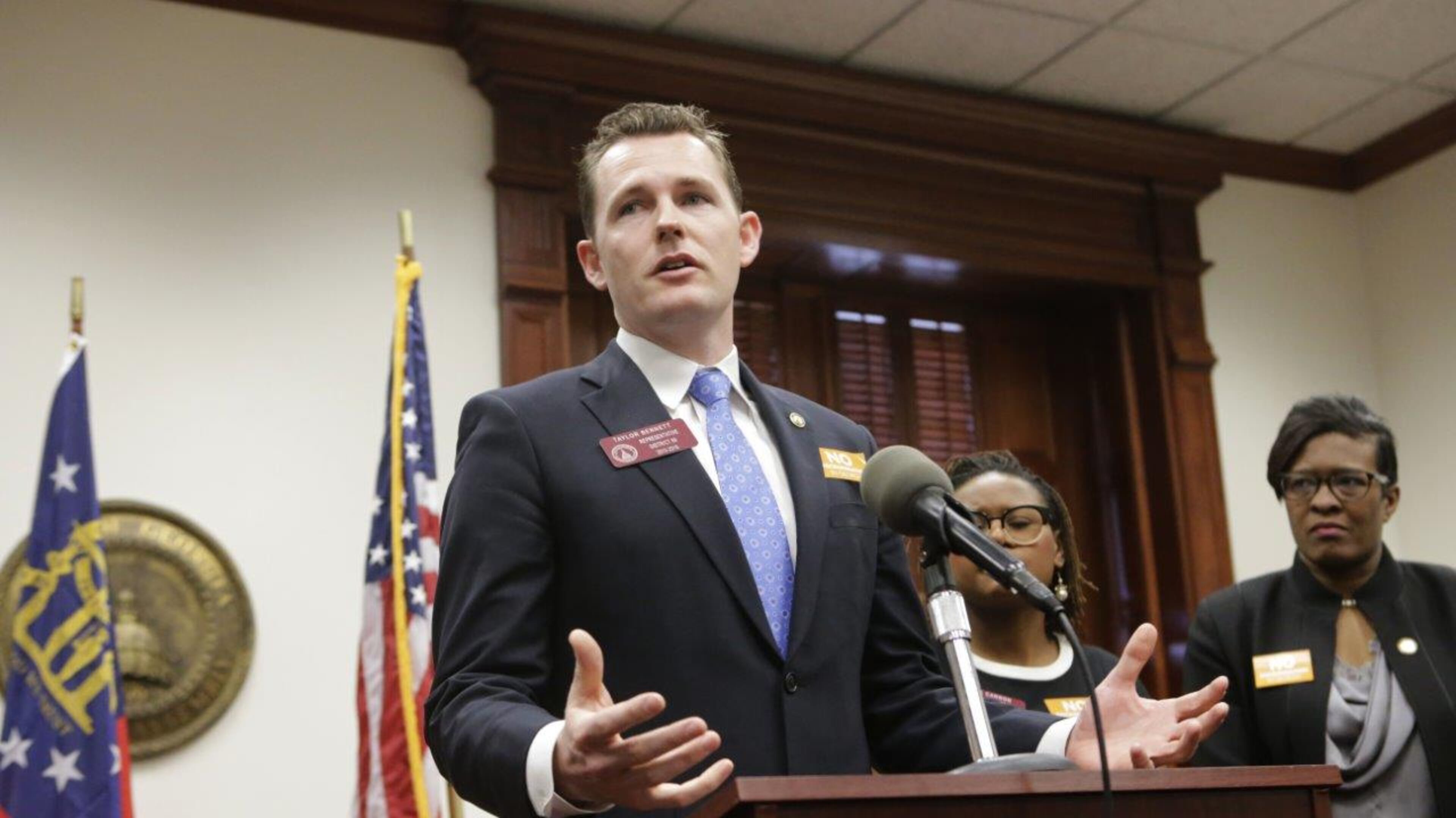Mar. 21, 2016 - Atlanta - Rep. Taylor Bennett makes his remarks. State Representatives Karla Drenner (D-Avondale Estates), Keisha Waites (D-Atlanta), Taylor Bennett (D - Brookhaven), Dee Dawkins-Haigler (D - Lithonia) and Park Cannon (D-Atlanta) held a press conference opposing the passage of the anti-LGBT House Bill 757 as amended by the Senate. They urged Gov. Deal to veto the bill. BOB ANDRES / BANDRES@AJC.COM