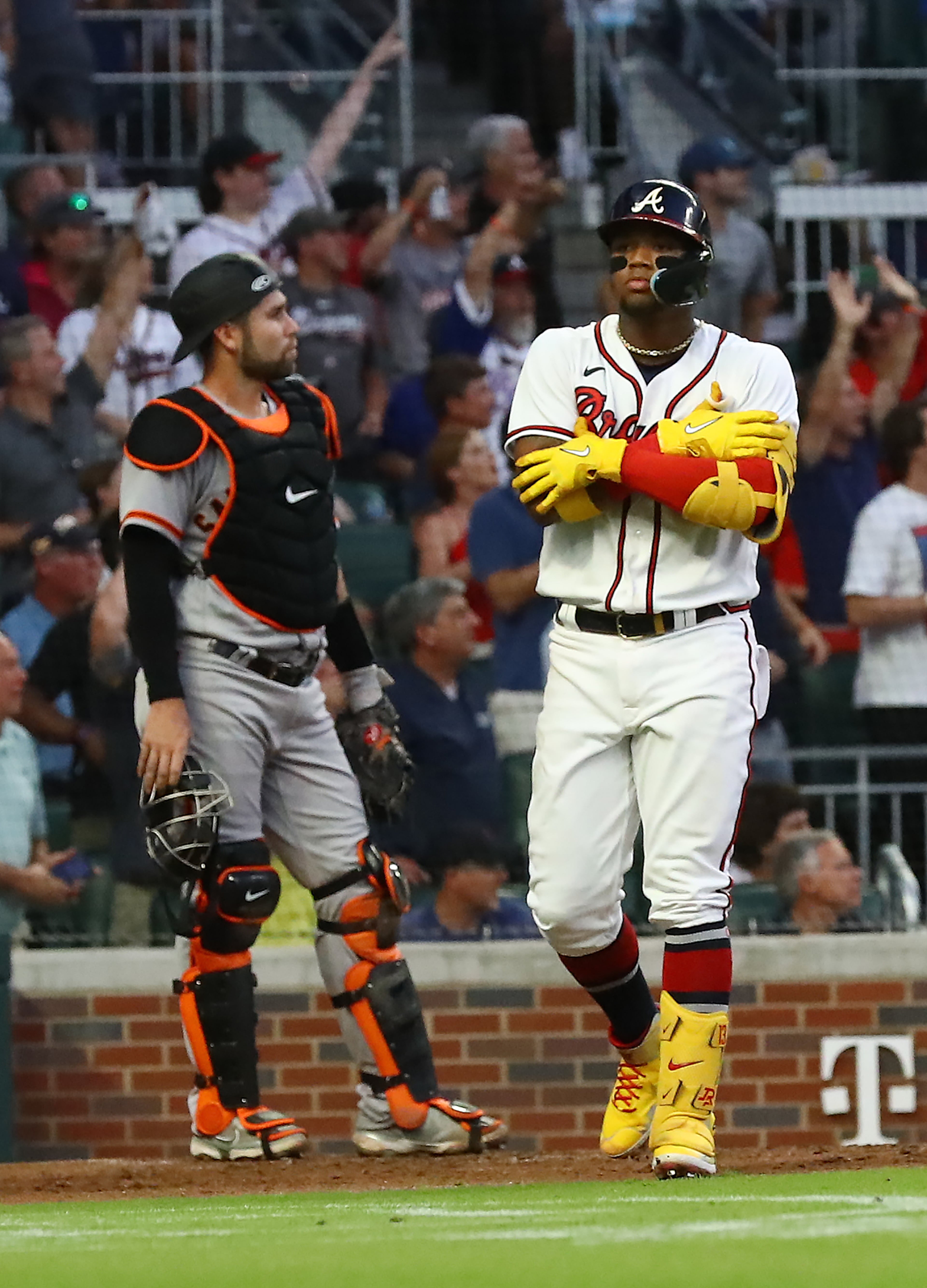 062122 Atlanta: Atlanta Braves outfielder Ronald Acuna uses Trae Young's celebration moves after hitting a 2-run homer to take a 7-6 lead over the San Francisco Giants. “Curtis Compton / Curtis.Compton@ajc.com”