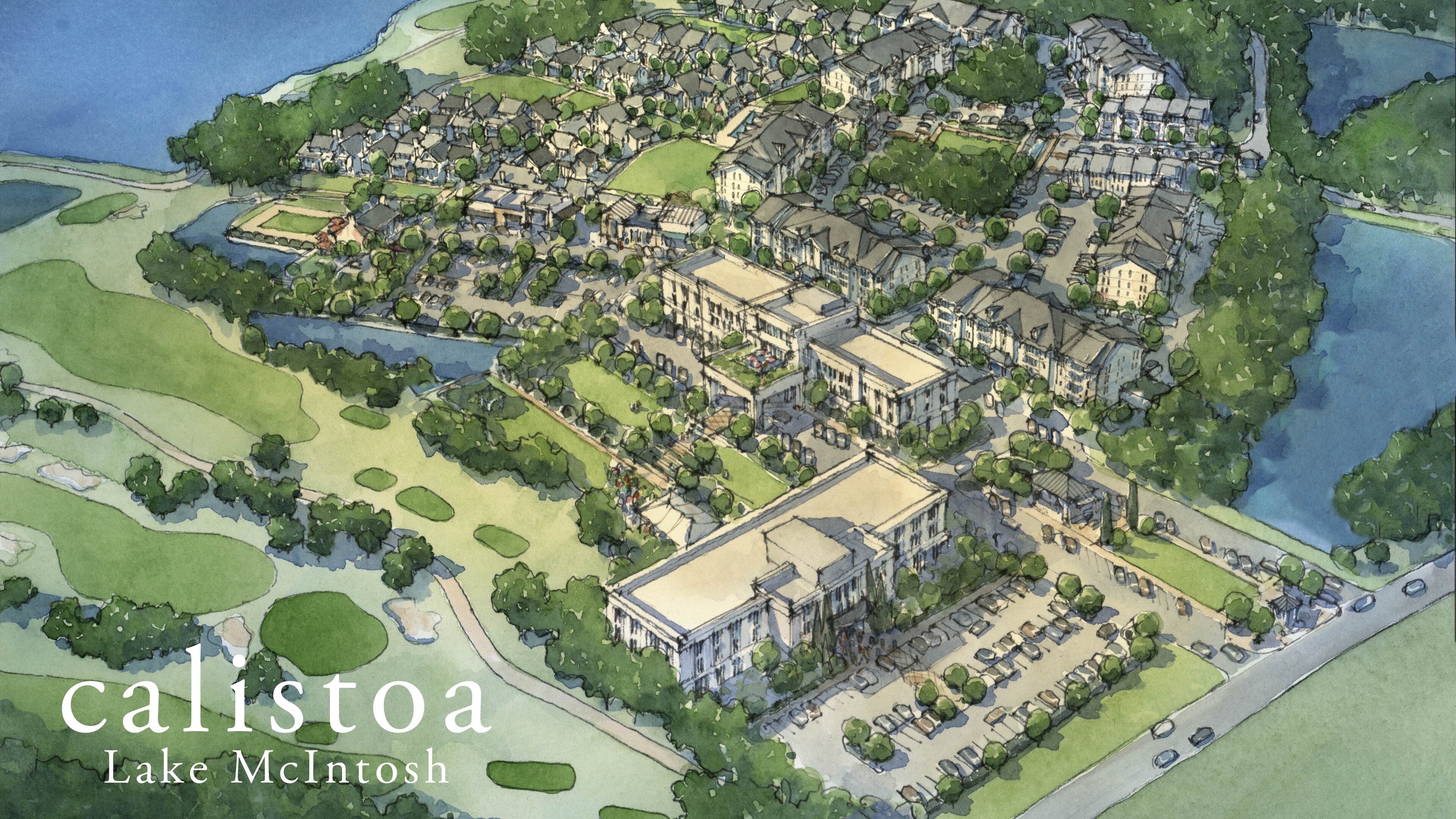 Rendering of Calistoa Lake McIntosh, a proposed 37-acre mixed use development for Peachtree City.