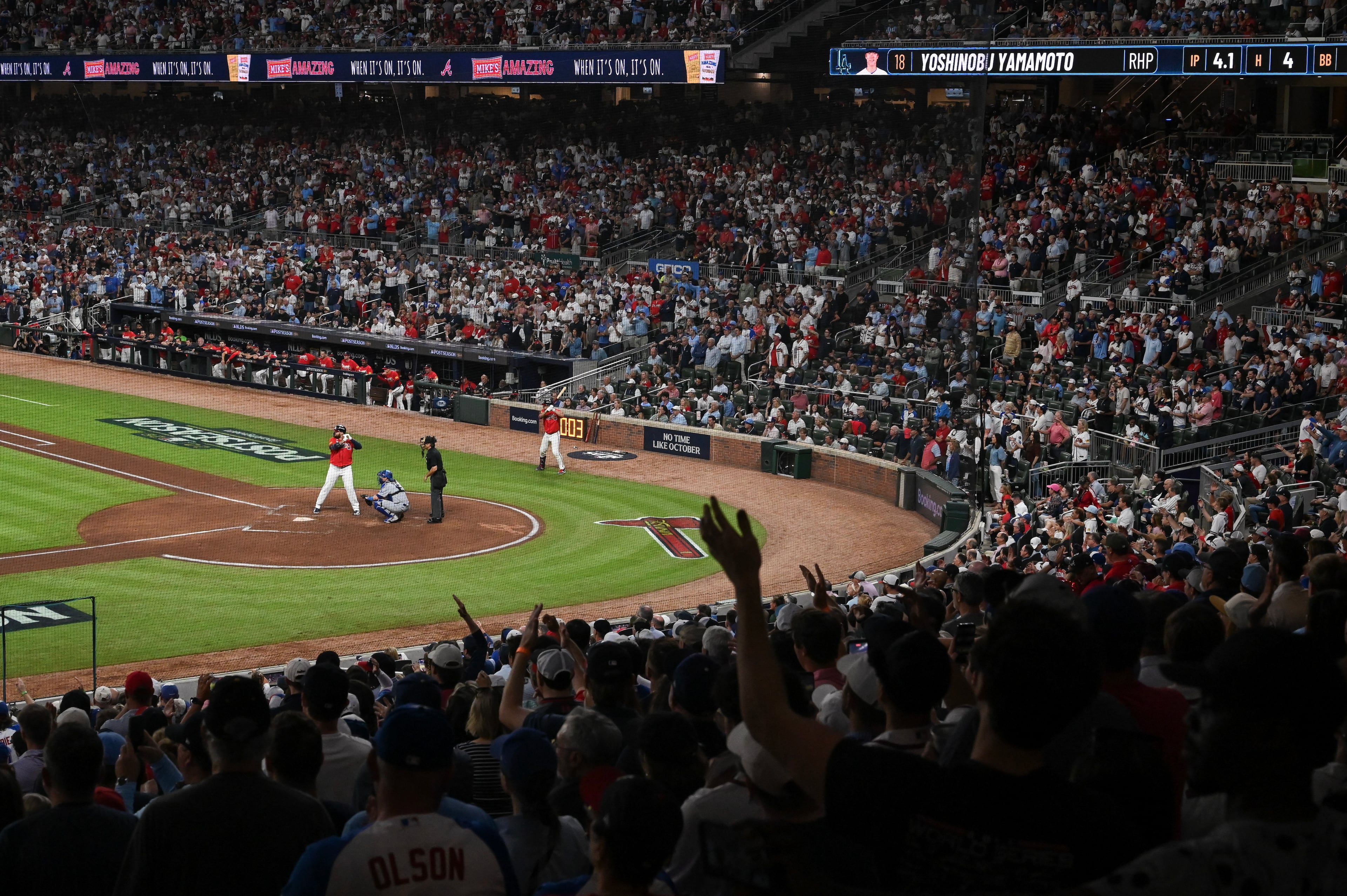Atlanta Braves pinch hitter Rowdy Tellez (11) bats against the Los Angeles Dodgers during the fifth inning of Game 3 of the MLB National League Division Series between the Atlanta Braves and the Los Angeles Dodgers, Tuesday, Oct. 6, 2026, in Atlanta. (Hyosub Shin/AJC)