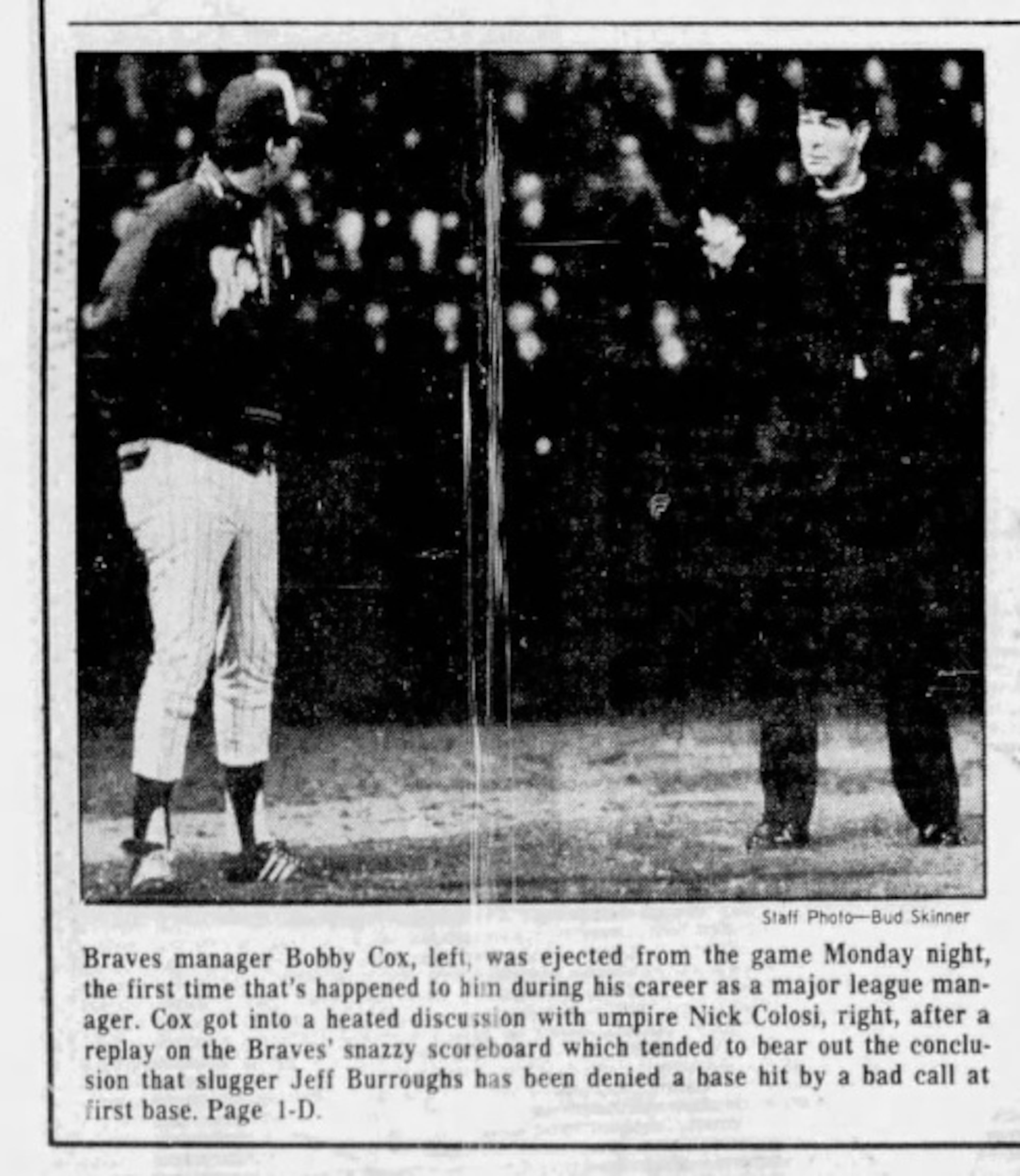The May 2, 1978, edition of The Atlanta Journal documented an argument between Braves manager Bobby Cox and umpire Nick Colosi over the Braves' replaying a close call on the stadium's "snazzy" scoreboard. It earned Cox an ejection, the first of a record 162. (newspapers.com)
