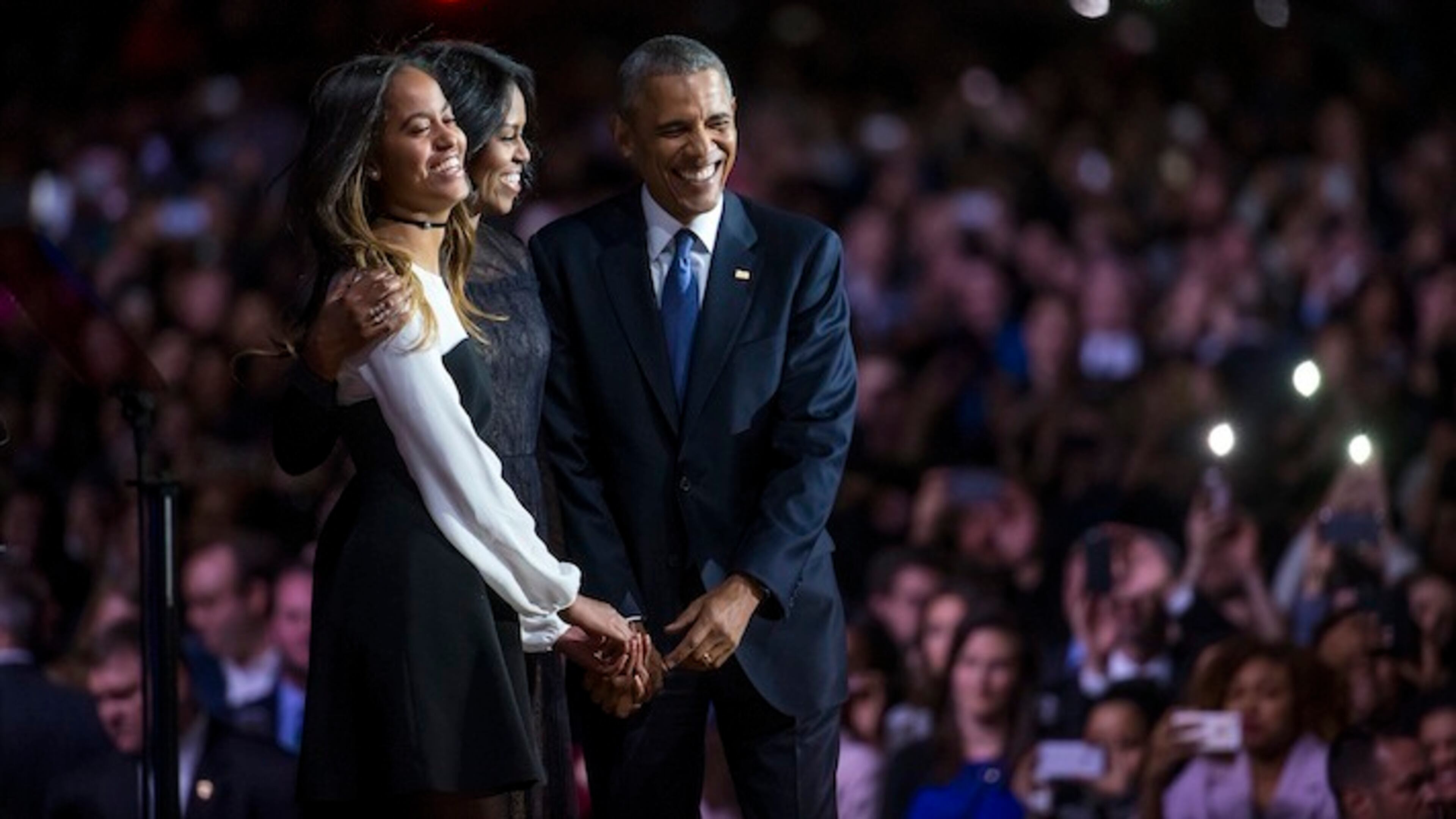 President Obama is joined by Michelle and Malia after his farewell address at McCormick Place in Chicago on Tuesday, Jan. 10, 2017. (Brian Cassella/Chicago Tribune/TNS)