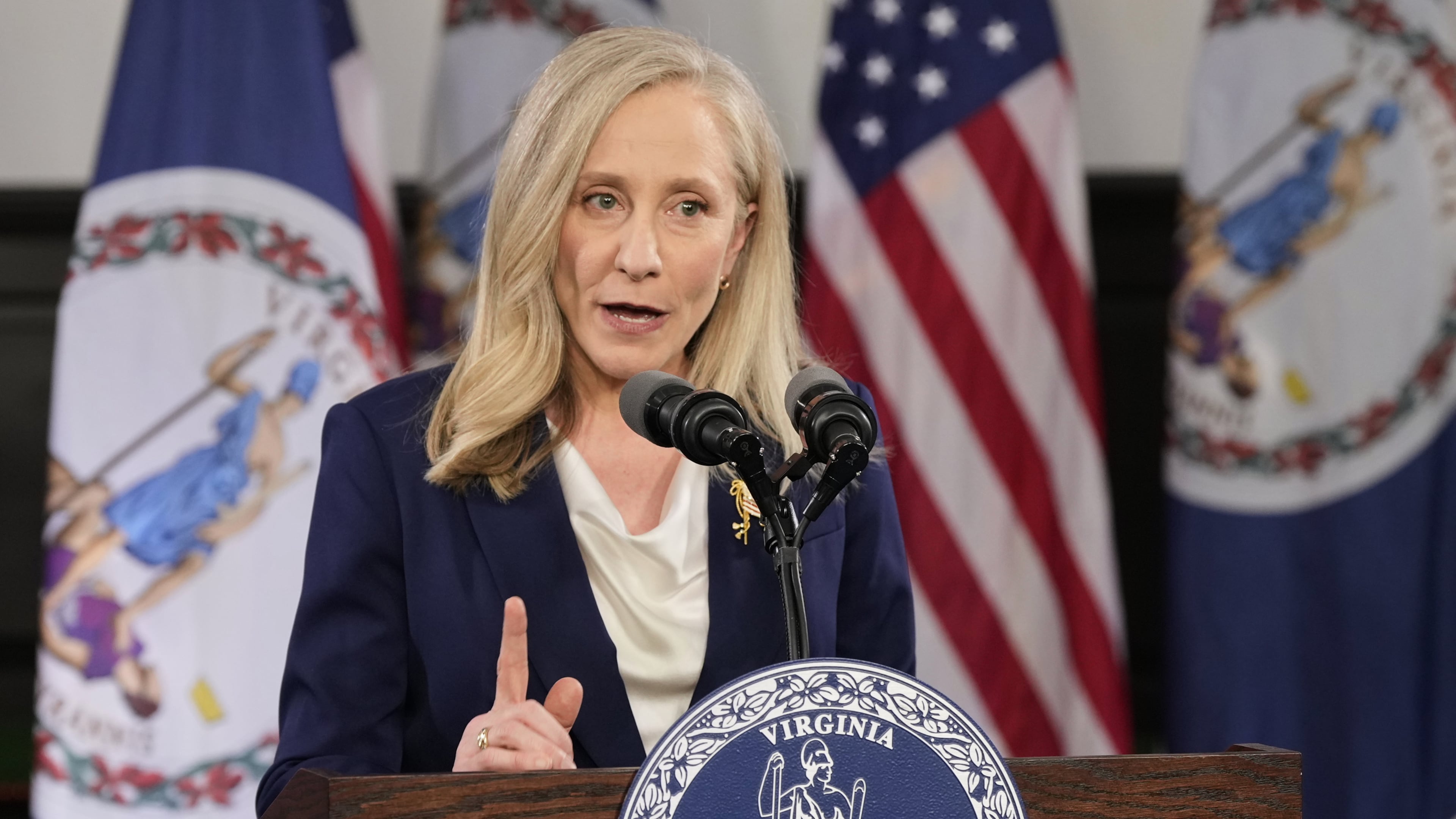 FILE - Virginia Gov. Abigail Spanberger delivers the Democratic response to President Donald Trump's State of the Union address, Feb. 24, 2026, in Williamsburg, Va. (AP Photo/Steve Helber, Pool, File)