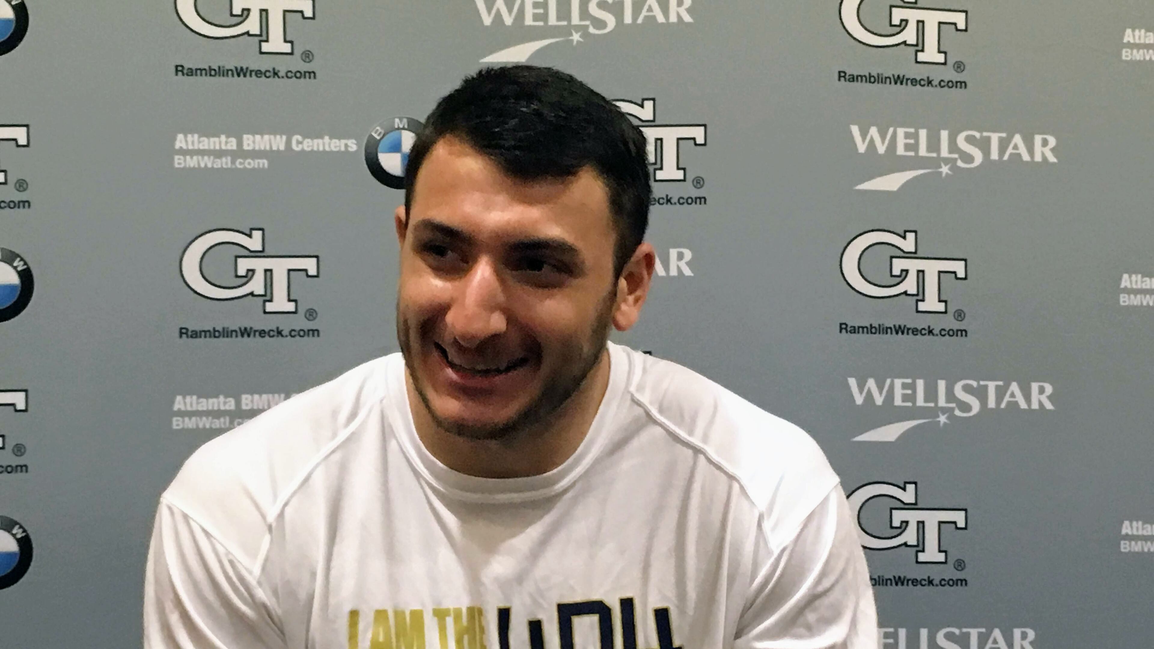 Georgia Tech tight end Tyler Davis speaking to media following practice August 15, 2019. (AJC photo by Ken Sugiura)