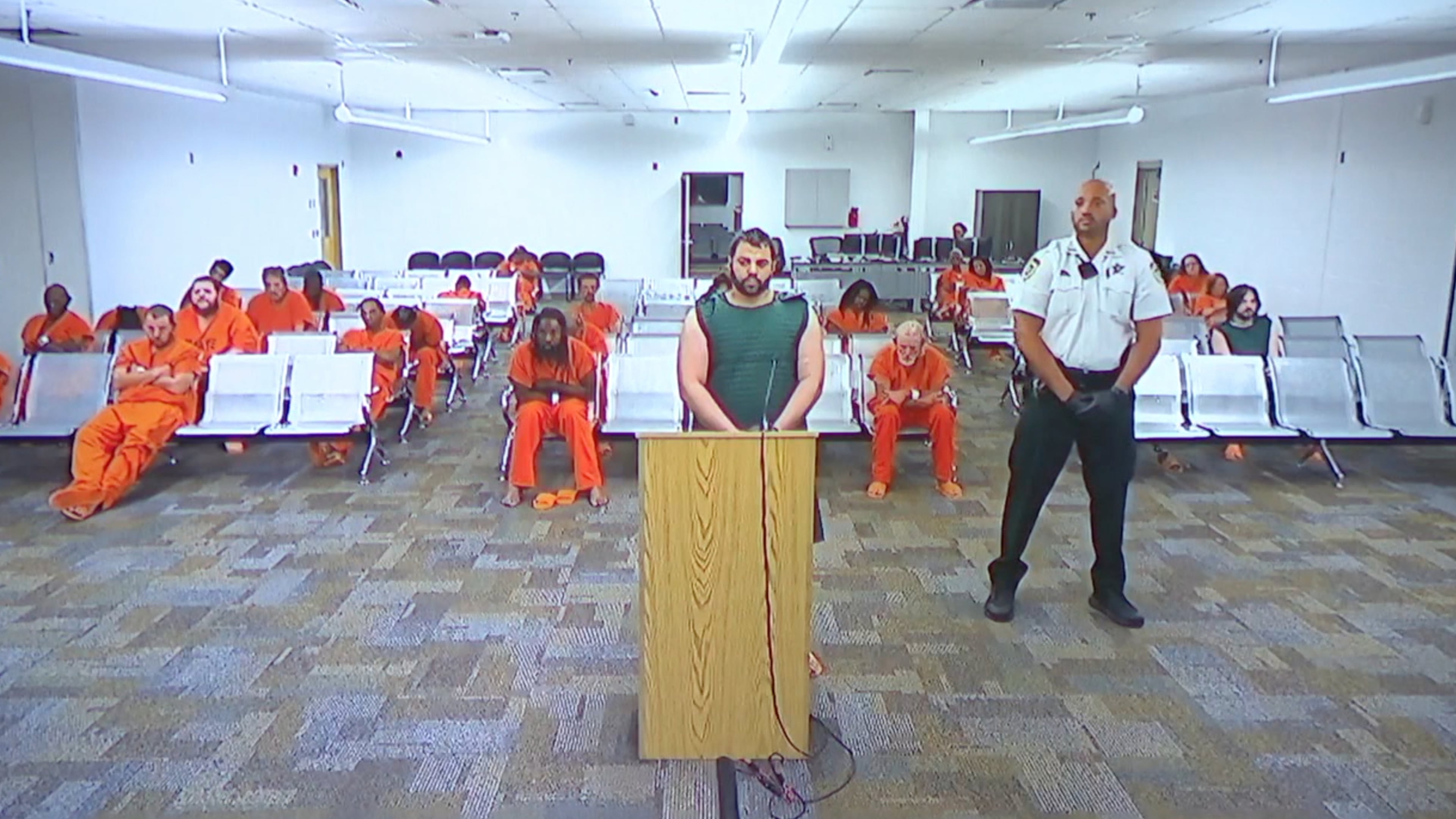 Hisham Abugharbieh, facing two counts of first-degree murder appears in court via video on Saturday, April 25, 2026 in Tampa, Fla. (WFTS-TV via AP)
