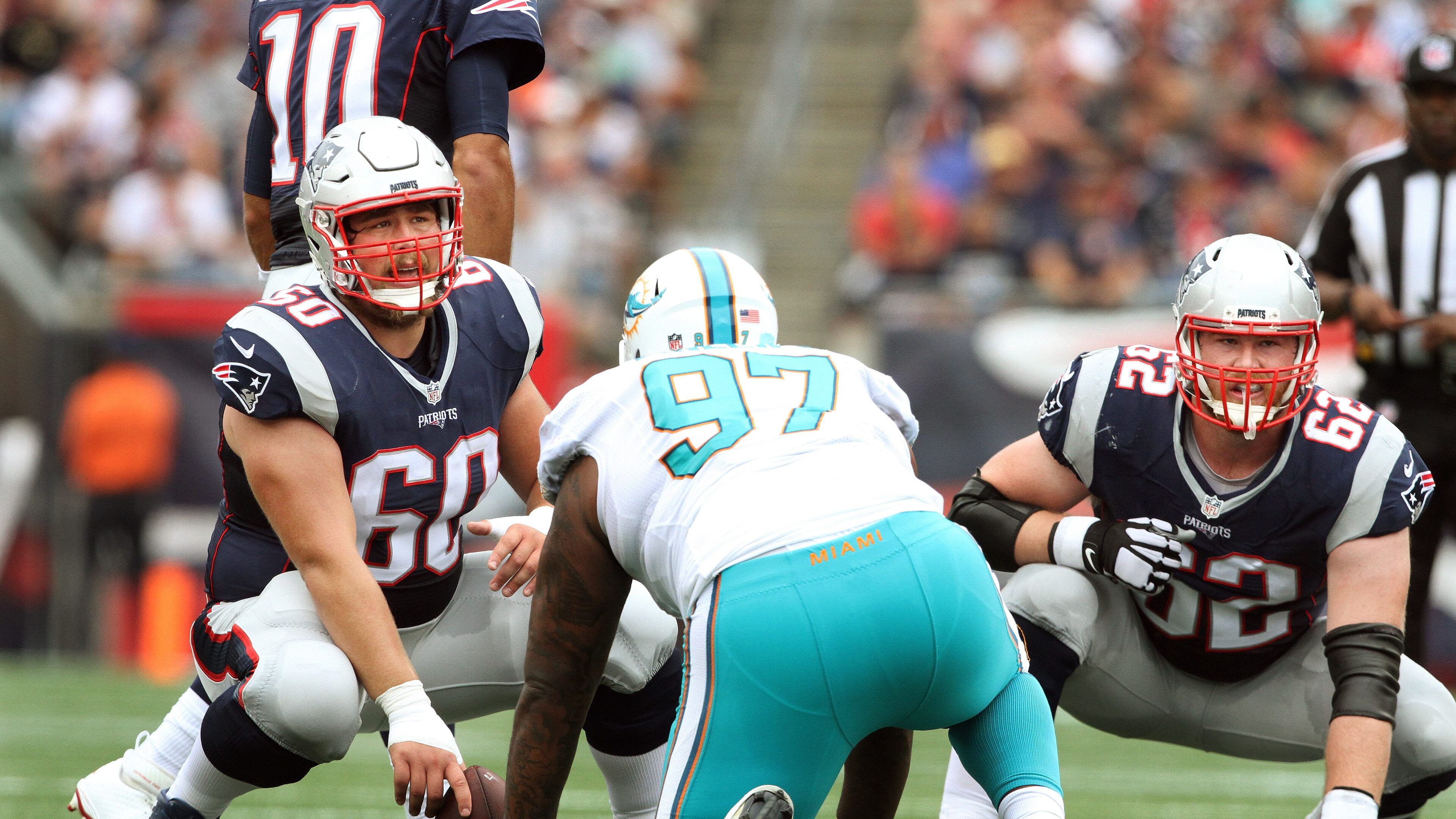 Patriots center David Andrews, left, and guard Joe Thuney helped form a solid middle of the offensive line but both are free agents this offseason.