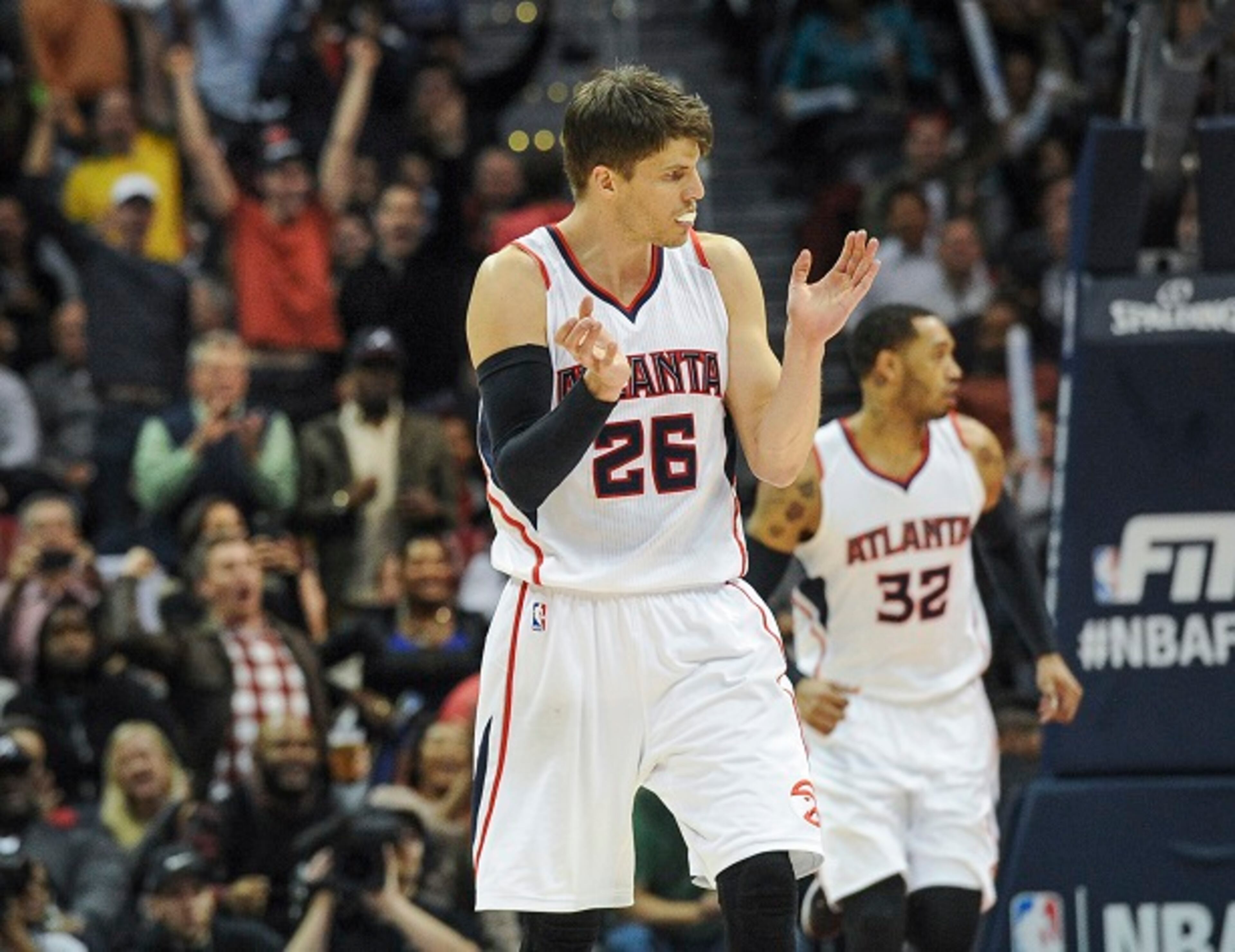 Atlanta Hawks guard Kyle Korver (26) celebrates a 3-point shot against the Brooklyn Nets during the second half of an NBA basketball game, Wednesday Jan. 28, 2015, in Atlanta. Atlanta won 113-102. (AP Photo/John Amis) Not quite an All-Star, he's still the best at what he does. (John Amis/AP photo)