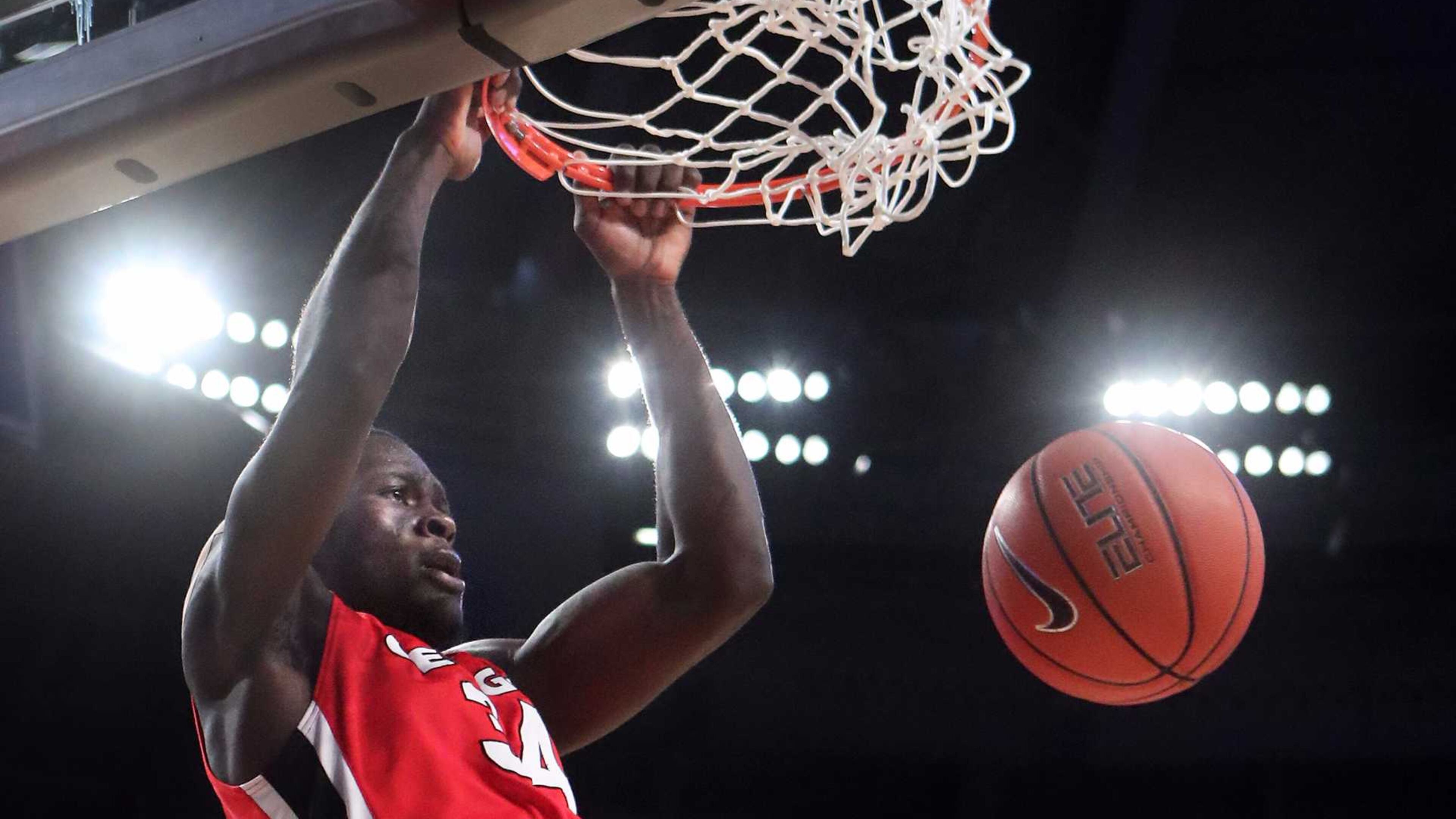 Georgia forward Derek Ogbeide dunks on Georgia Tech in this 2016 photo. The Nigerian and Pebblebrook product is slated to be a starter for the Bulldogs again this season.