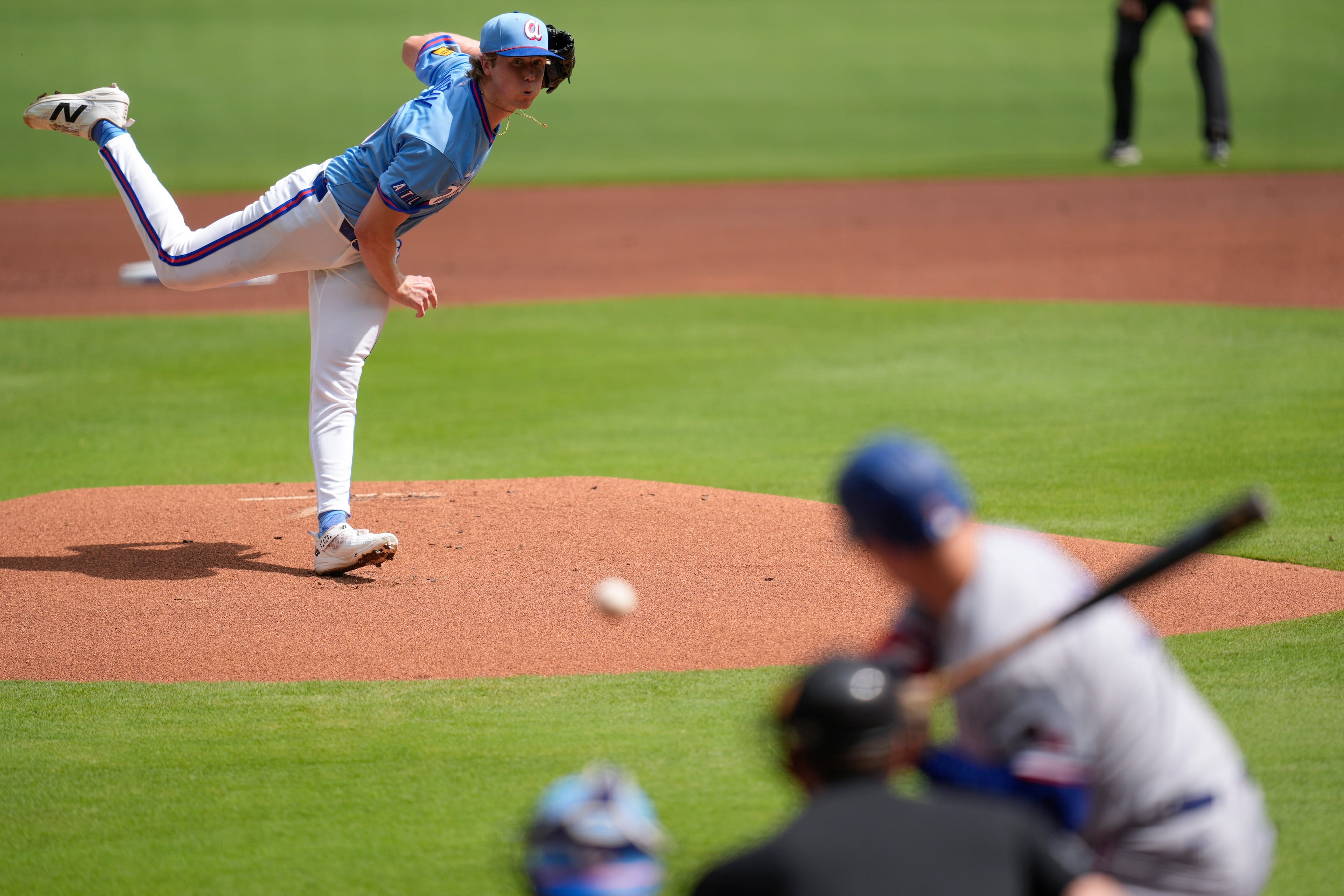 Owen Murphy, who had some tough luck in his three outings with the Braves this summer, watches the ball right before Rangers designated hitter Joc Pederson hits a solo home run on Saturday, July 18, 2026, in Atlanta. (Mike Stewart/AP)
