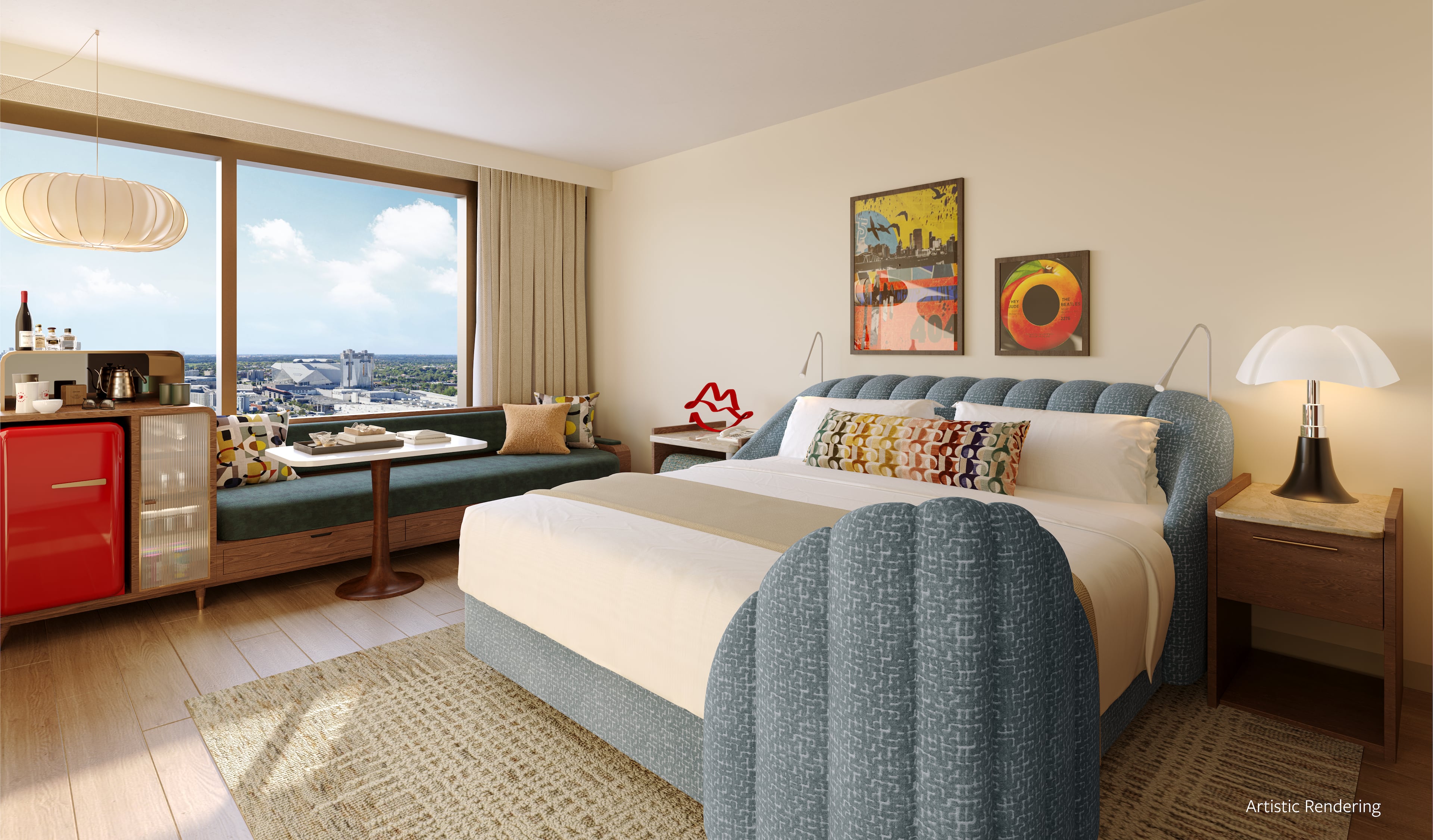 This rendering shows a room in the 261-room hotel that Virgin Hotels is expected to open next year in Centennial Yards. (Courtesy of Centennial Yards)