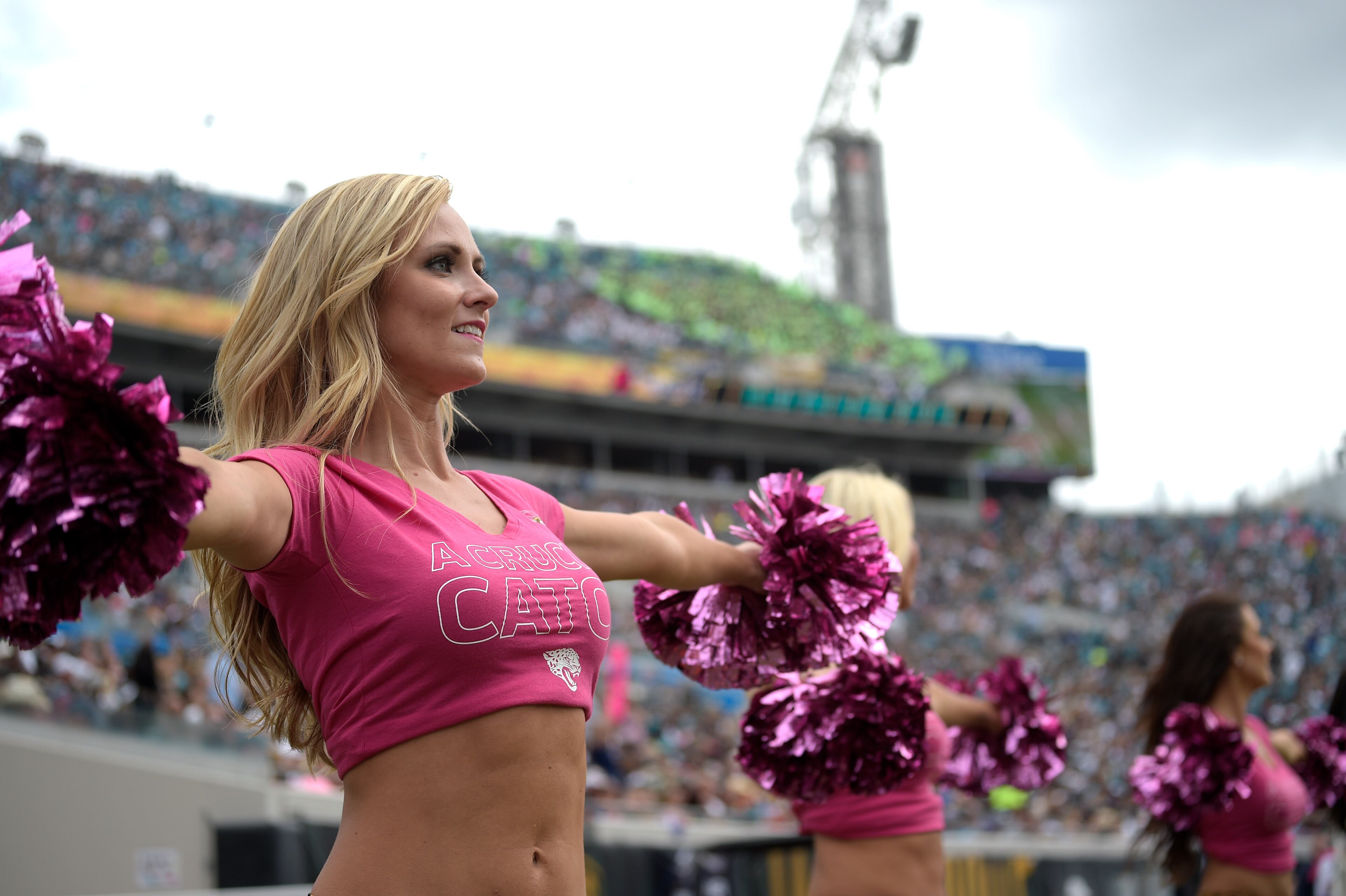 The Jacksonville Jaguars cheerleaders perform wearing pink in support of Breast Cancer Awareness Month during the first half an NFL football game against the Houston Texans in Jacksonville, Fla., Sunday, Oct. 18, 2015. (AP Photo/Phelan M. Ebenhack)