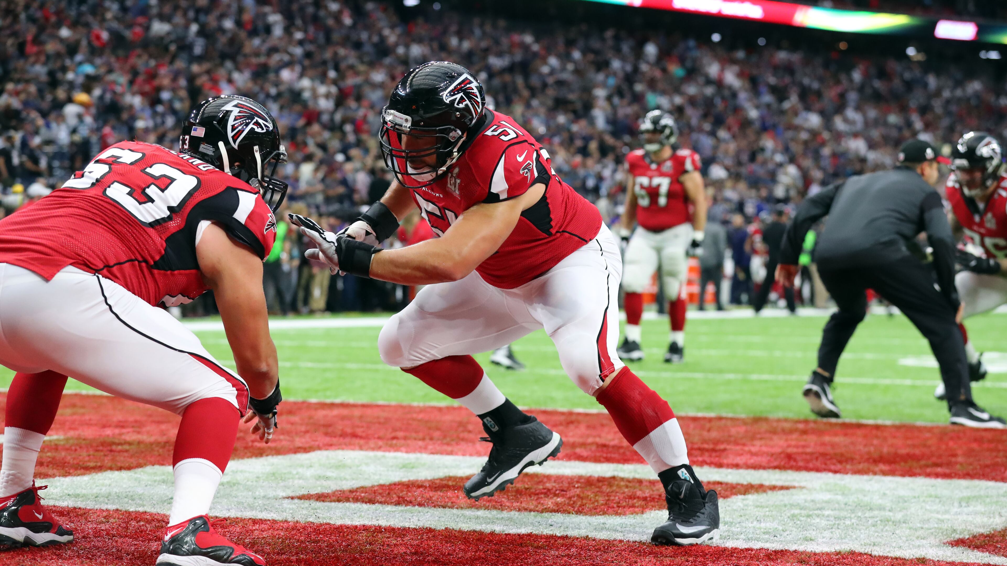 Atlanta Falcons center Ben Garland (63) and Atlanta Falcons center Alex Mack (51) warm up before the Falcons meet the New England Patriots in Super Bowl LI at NRG Stadium in Houston, Sunday, Feb. 5, 2017.
