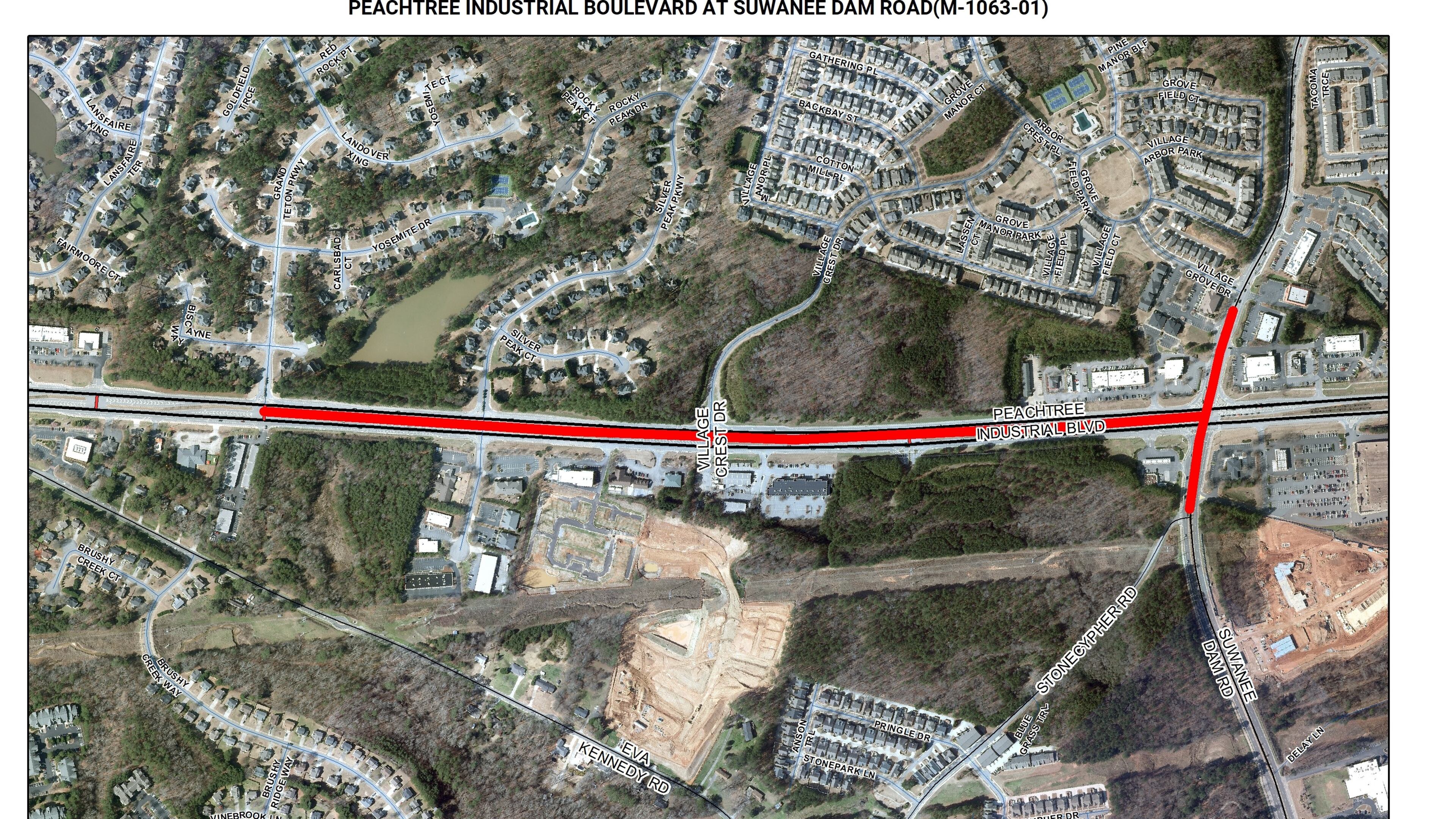 Gwinnett Commissioners recently awarded two road improvement projects in northwest Gwinnett. This one will add a southbound through lane along Peachtree Industrial from Suwanee Dam to Grand Teton Parkway. (Courtesy Gwinnett County)