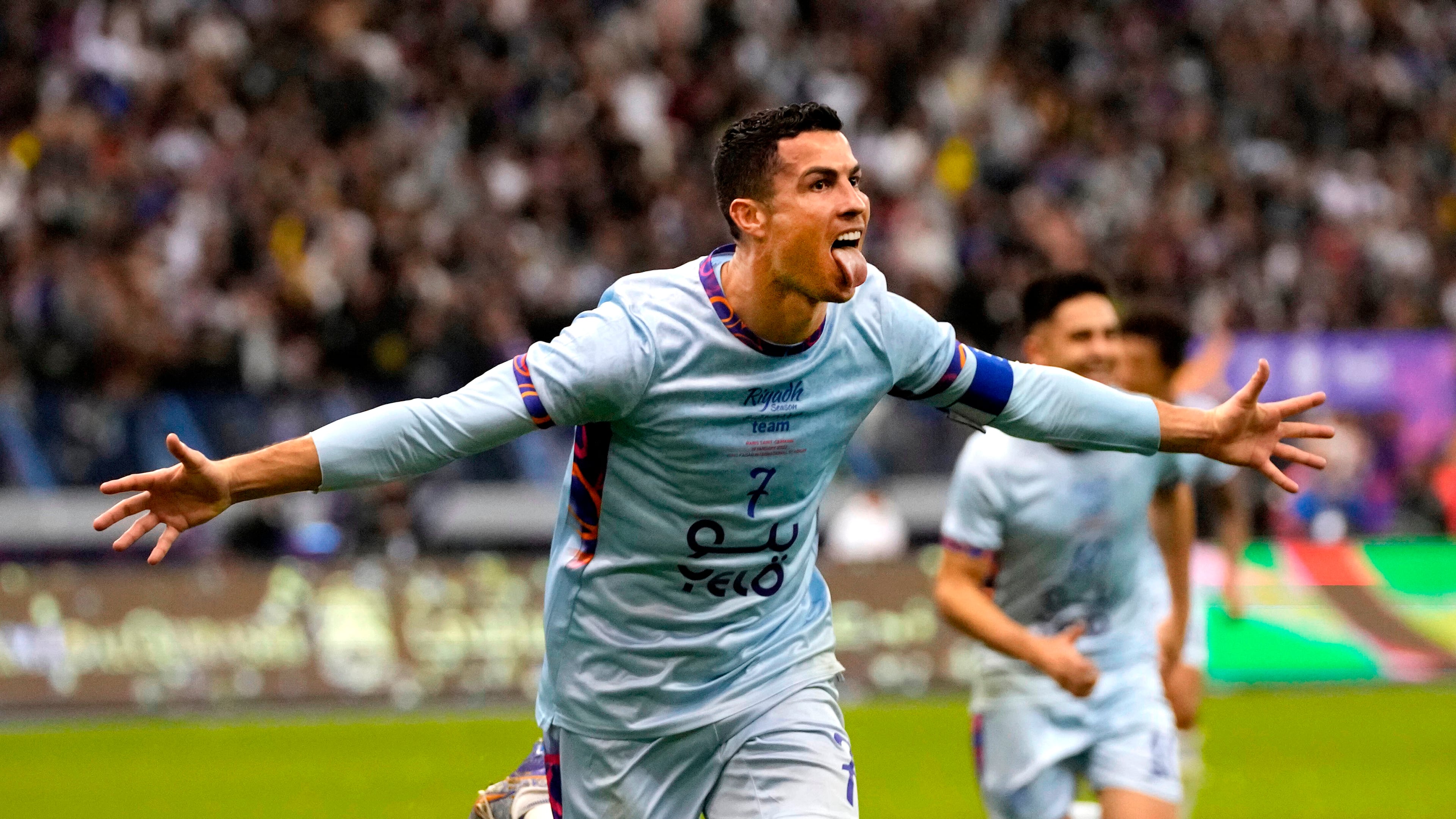 FILE - Al Nassr's Cristiano Ronaldo celebrates after scoring at the King Saud University Stadium, in Riyadh, Saudi Arabia, Jan. 19, 2023. (AP Photo/Hussein Malla, file)