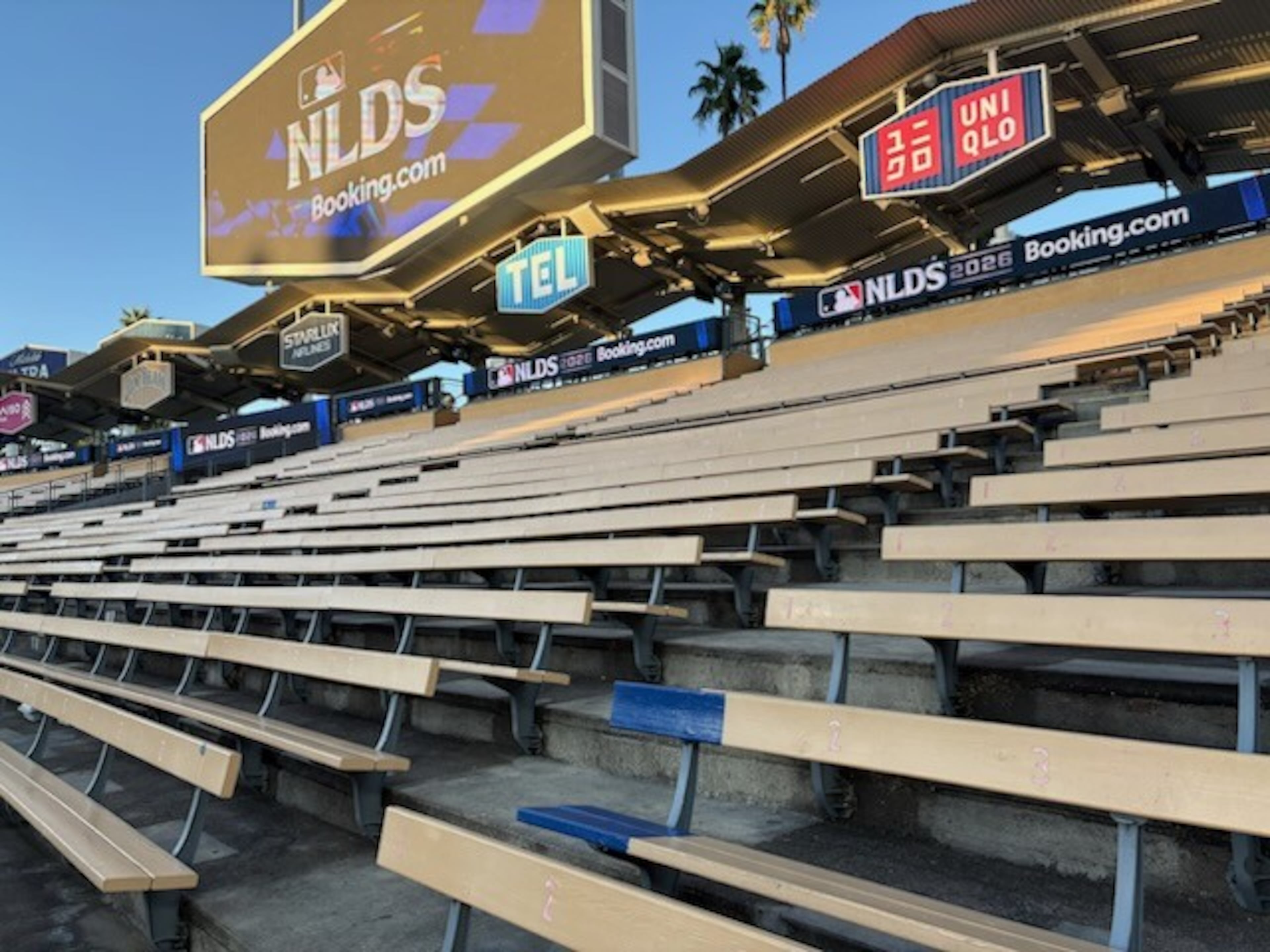 The seat painted blue in Dodger Stadium where Kirk Gibson’s iconic home run landed in the 1988 World Series. (Ken Sugiura/AJC)