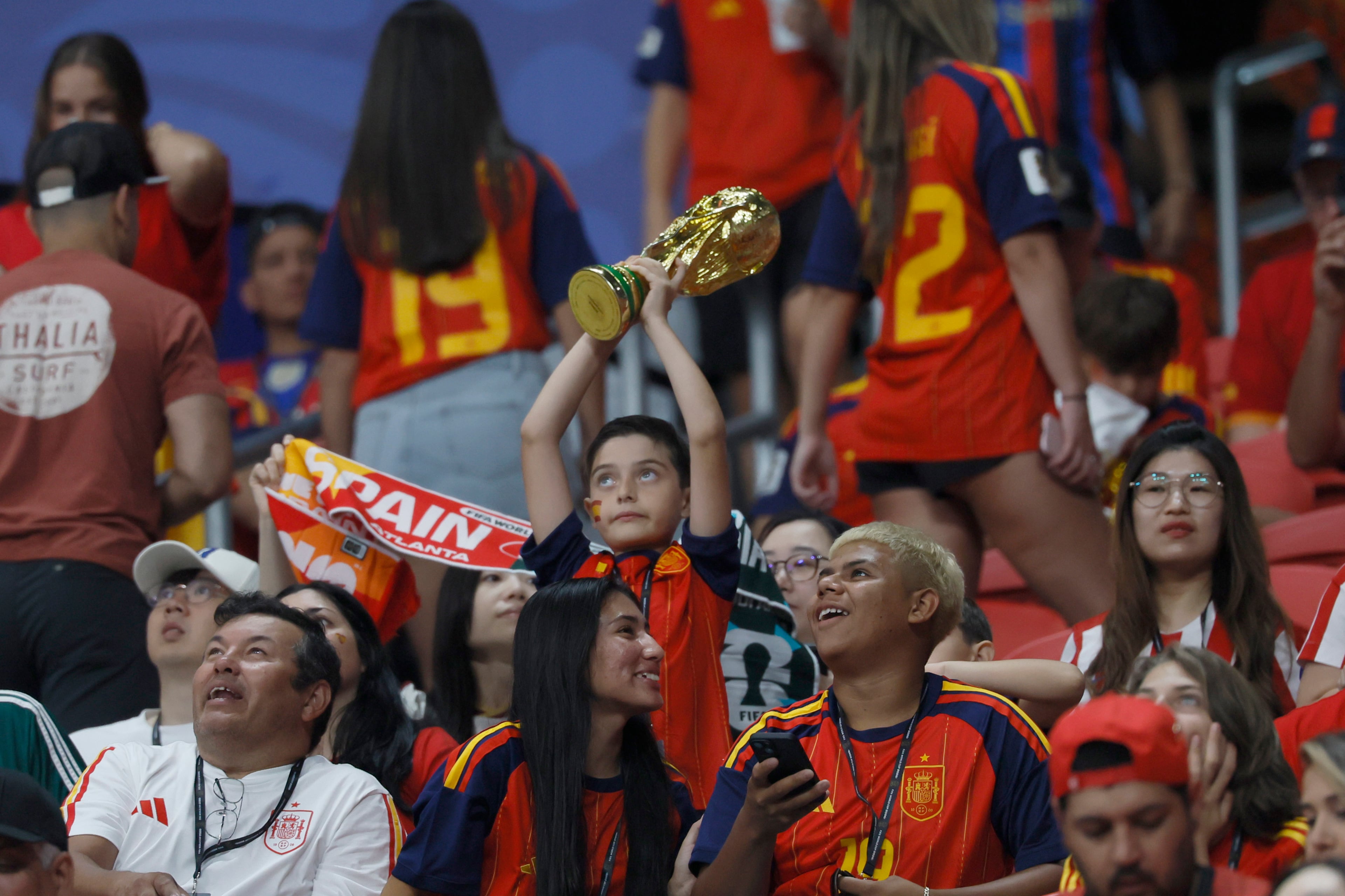 Fans of Spain get ready for the Spain vs. Saudi Arabia FIFA World Cup match Sunday, June 21, 2026, at Atlanta Stadium. (Miguel Martinez/AJC)