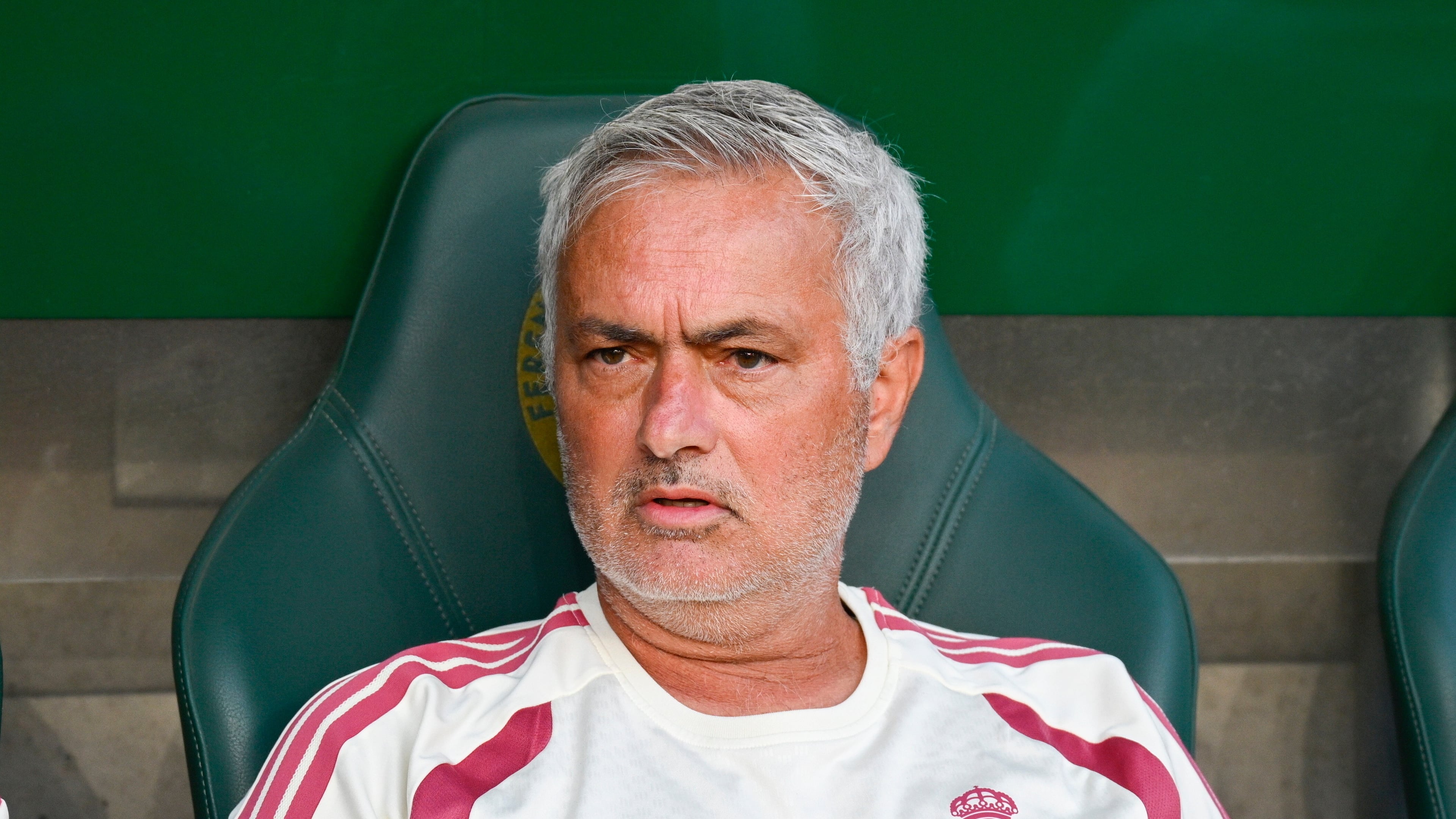Real Madrid's head coach Jose Mourinho reacts prior to the friendly soccer match between Ferencvaros TC and Real Madrid in the Groupama Arena in Budapest, Hungary, Saturday, Aug. 8, 2026. (Boglarka Bodnar/MTI via AP)