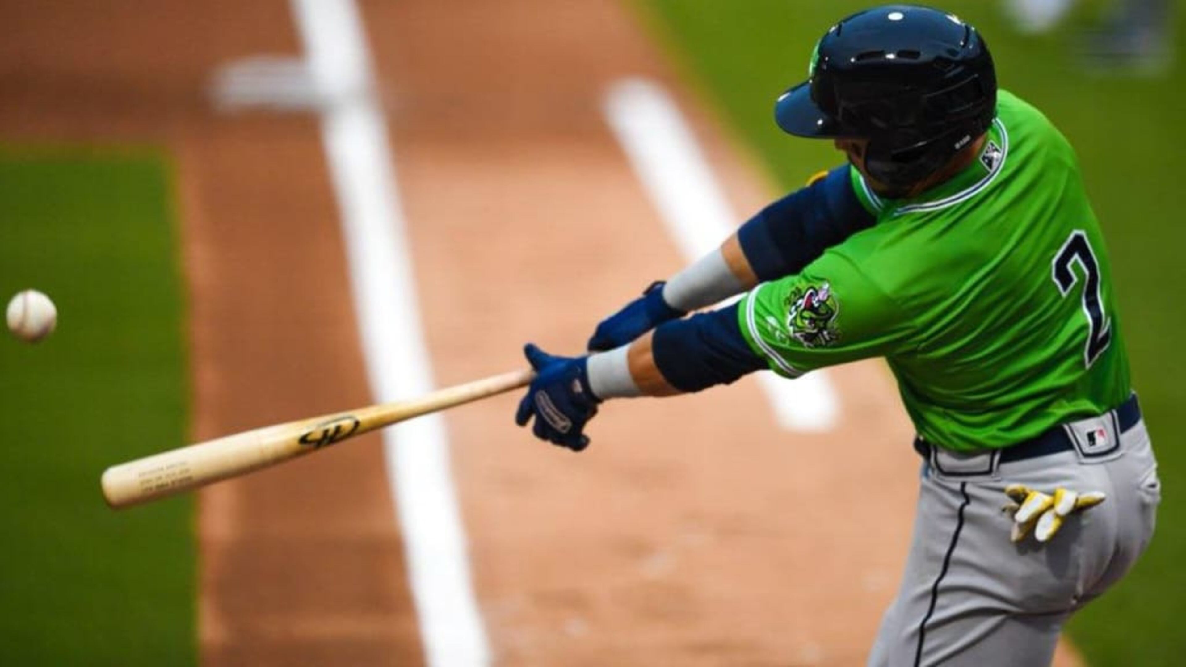 Yolmer Sanchez connects for a double in the second inning in Gwinnett’s 10-9 victory in the season opener over Charlotte Tuesday, May 4, 2021, in Charlotte, N.C. (Laura Wolff/Charlotte Knights)