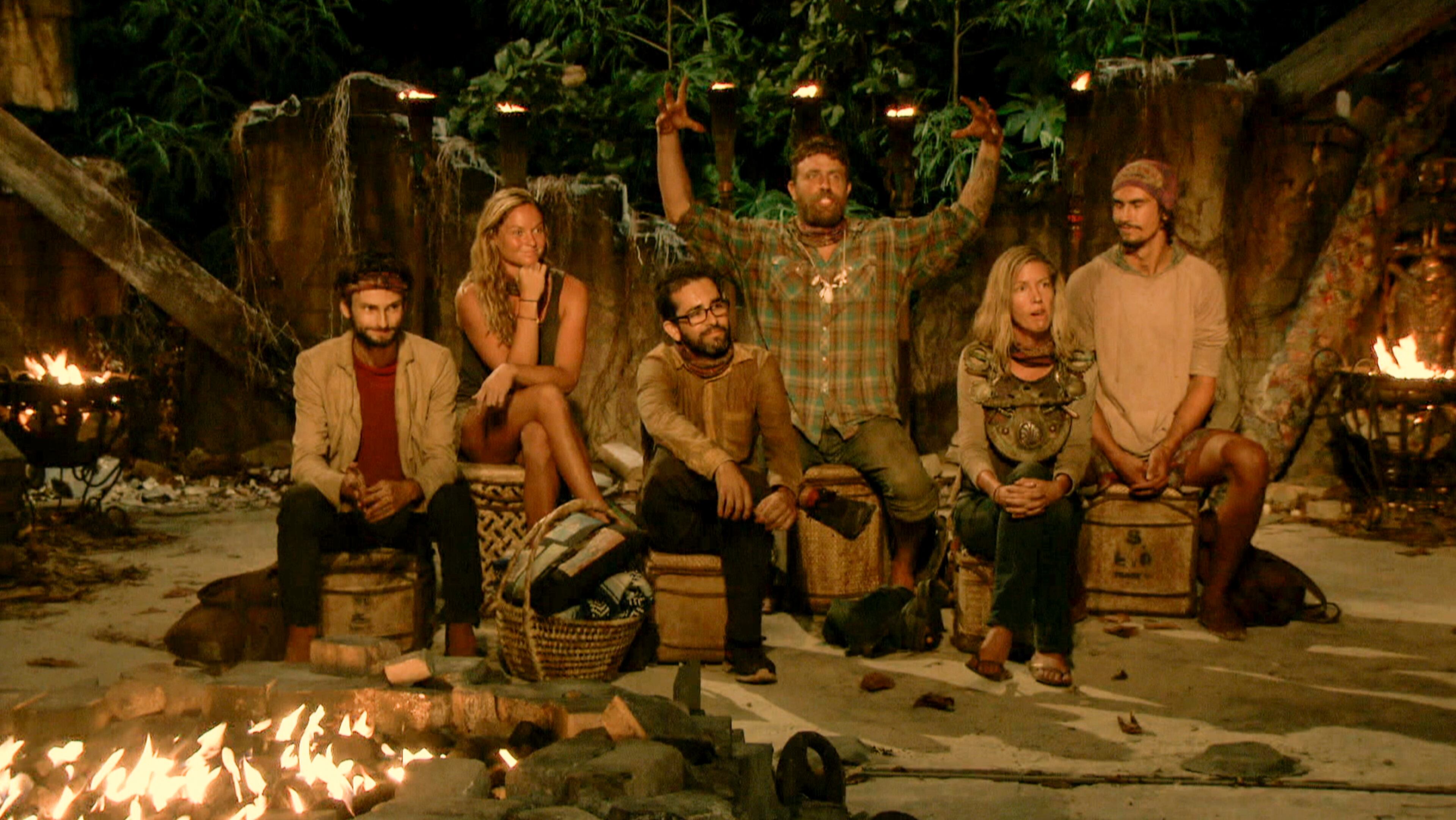 "The Survivor Devil" - Ryan Ulrich, Ashley Nolan, Mike Zahalsky, Ben Driebergen, Chrissy Hofbeck and Devon Pinto at Tribal Council on the thirteenth episode of SURVIVOR 35, themed Heroes vs. Healers vs. Hustlers, airing Wednesday, December 13 (8:00-9:00 PM, ET/PT) on the CBS Television Network. Photo: Screen Grab/CBS é2017 CBS Broadcasting Inc. All Rights Reserved.