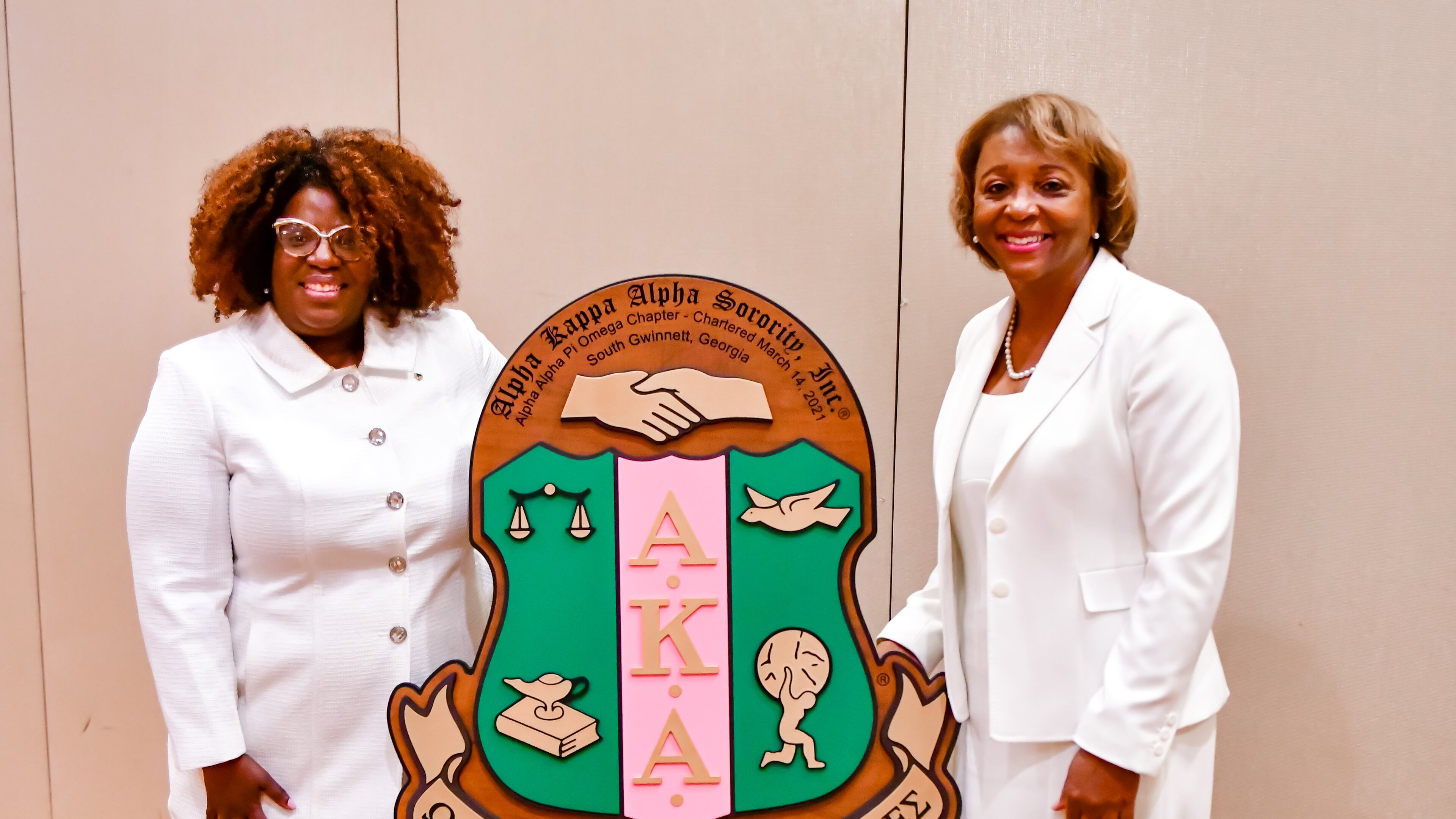 (L-R) Alpha Alpha Pi Omega Chapter President Adelma Stanford Brown and Alpha Kappa Alpha South Atlantic Regional Director Carolyn G. Randolph at the chartering ceremony for the new southern Gwinnett County chapter on March 14. (Courtesy of Alpha Kappa Alpha)