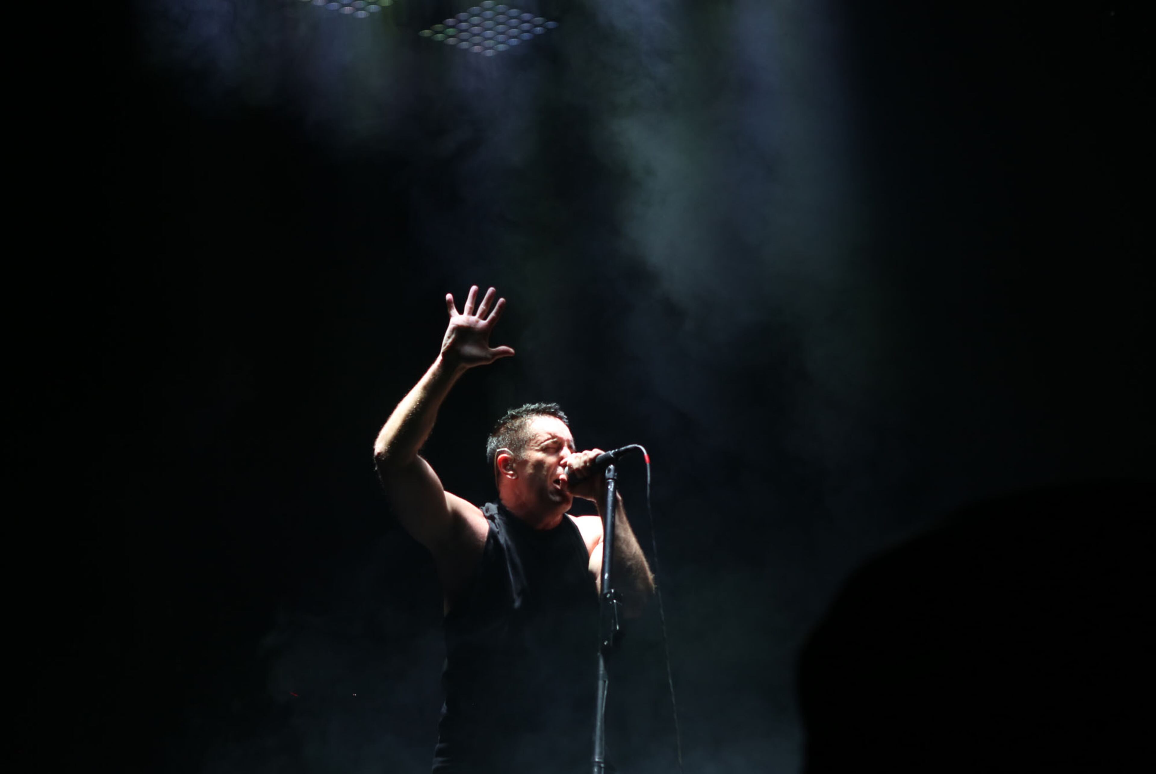 Nine Inch Nails founder, main producer, songwriter, lead singer and instrumentalist, Trent Reznor kicks off their set with "Copy of A", a single from their new album "Hesitation Marks" at Philips Arena in Atlanta Thursday, Oct. 24, 2013.
