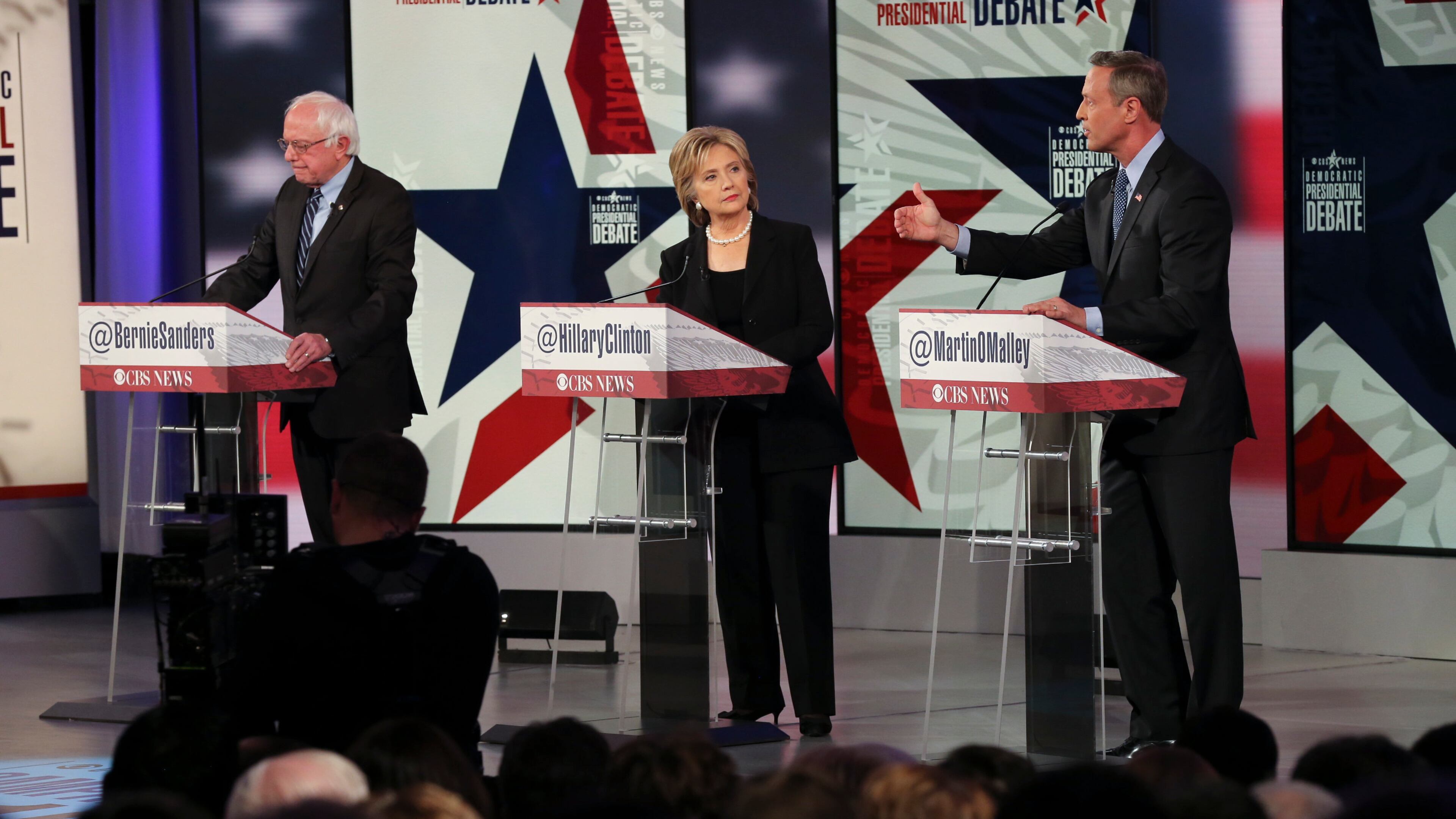 From right: Martin O'Malley, Hillary Rodham Clinton and Sen. Bernie Sanders take part in the Democratic presidential debate at Drake University in Des Moines, Iowa, Nov. 14, 2015. (Ruth Fremson/The New York Times)