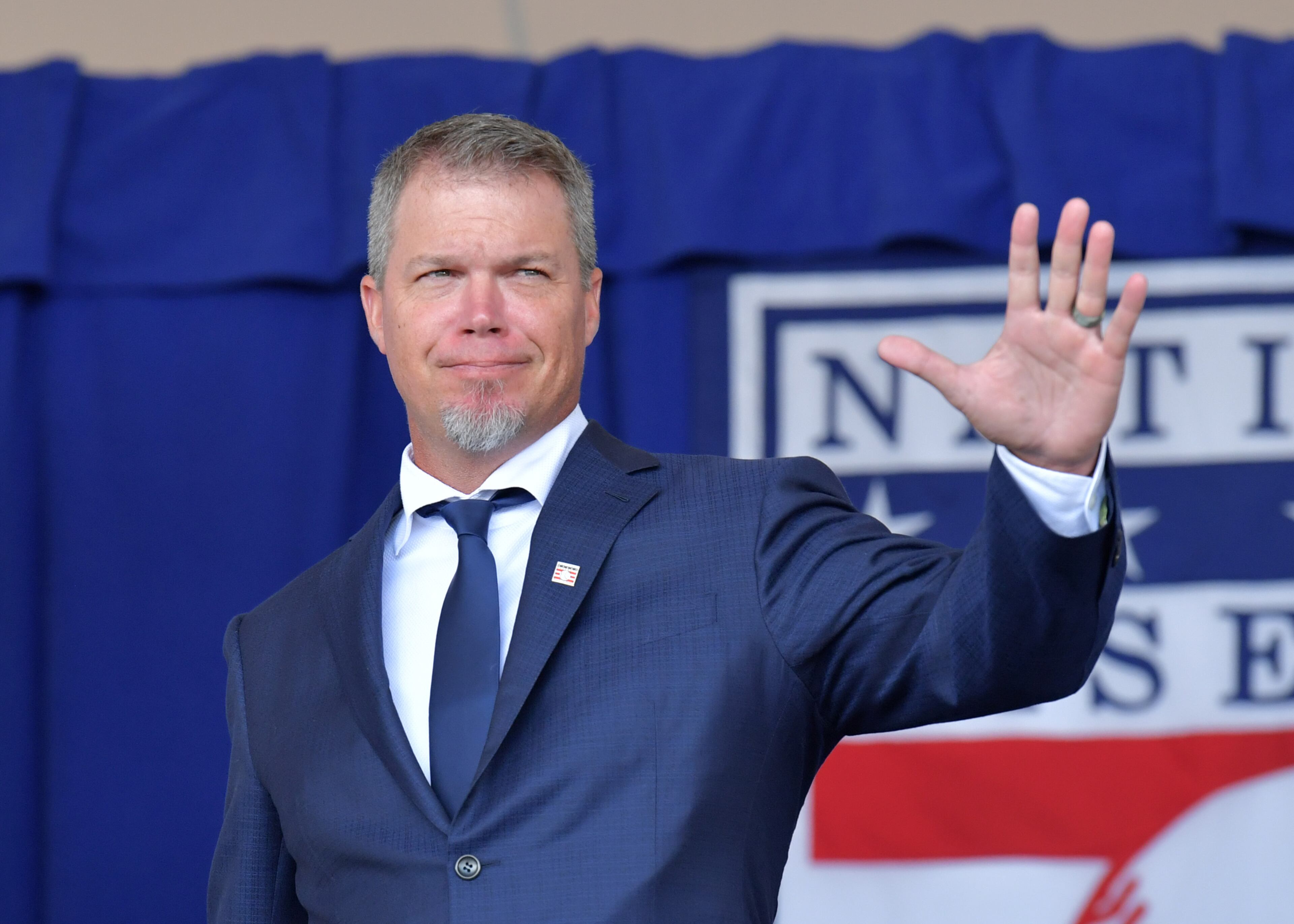 July 29, 2018 Cooperstown, N.Y. - Braves legend Chipper Jones takes on the stage for the 2018 National Baseball Hall of Fame Induction Ceremony at the Clark Sports Center in Cooperstown, N.Y. on Sunday, July 29, 2018. Longtime Brave Chipper Jones entered the National Baseball Hall of Fame Sunday, July 29, 2018, in Cooperstown, N.Y. HYOSUB SHIN / HSHIN@AJC.COM
