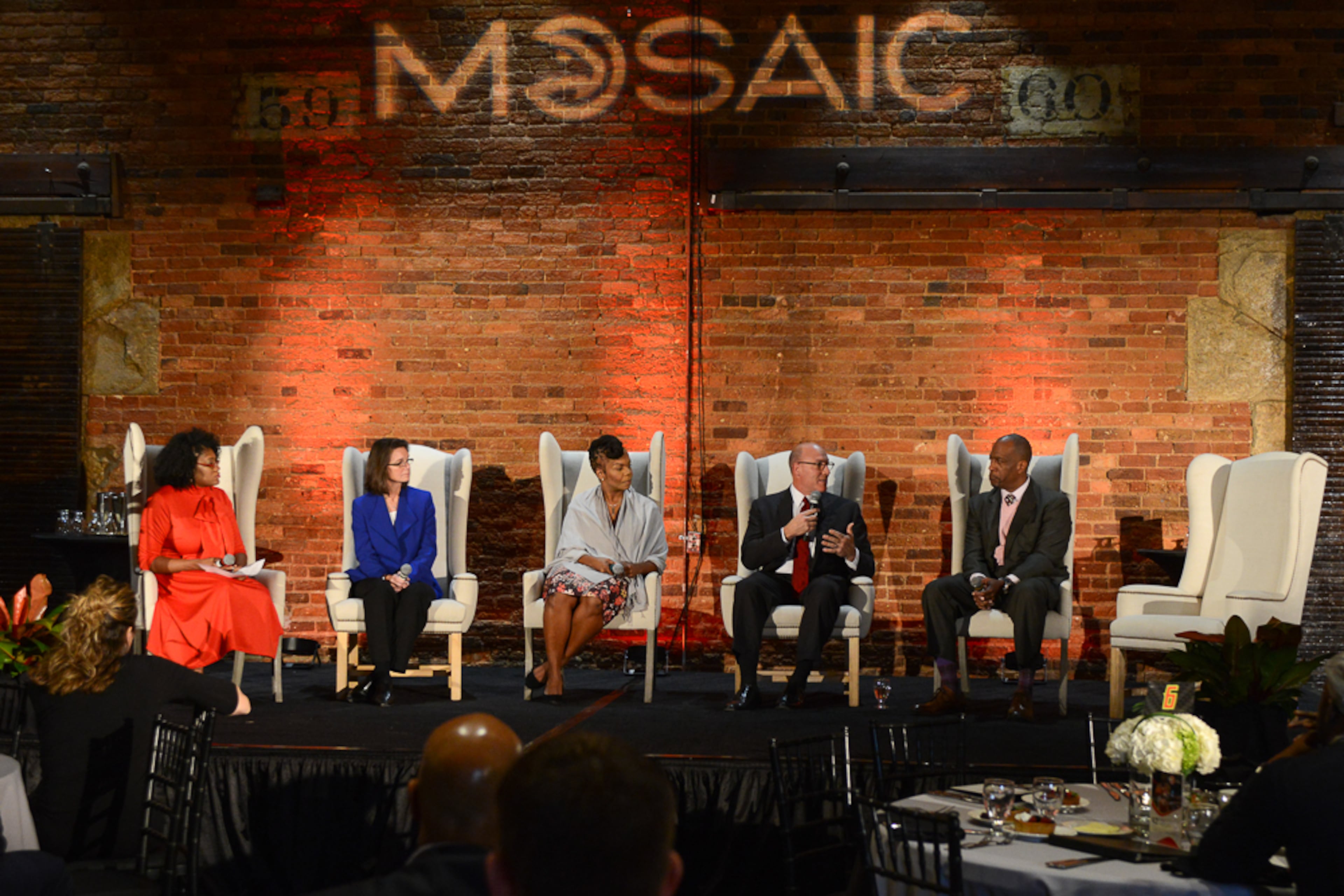 Nzinga Shaw, Theresa Wenzel, Melissa Proctor, Scott Pioli and Keith Harris participated in a panel during the Model of Shaping Atlanta through Inclusive Conversations symposium. ©Kat Goduco Photography
