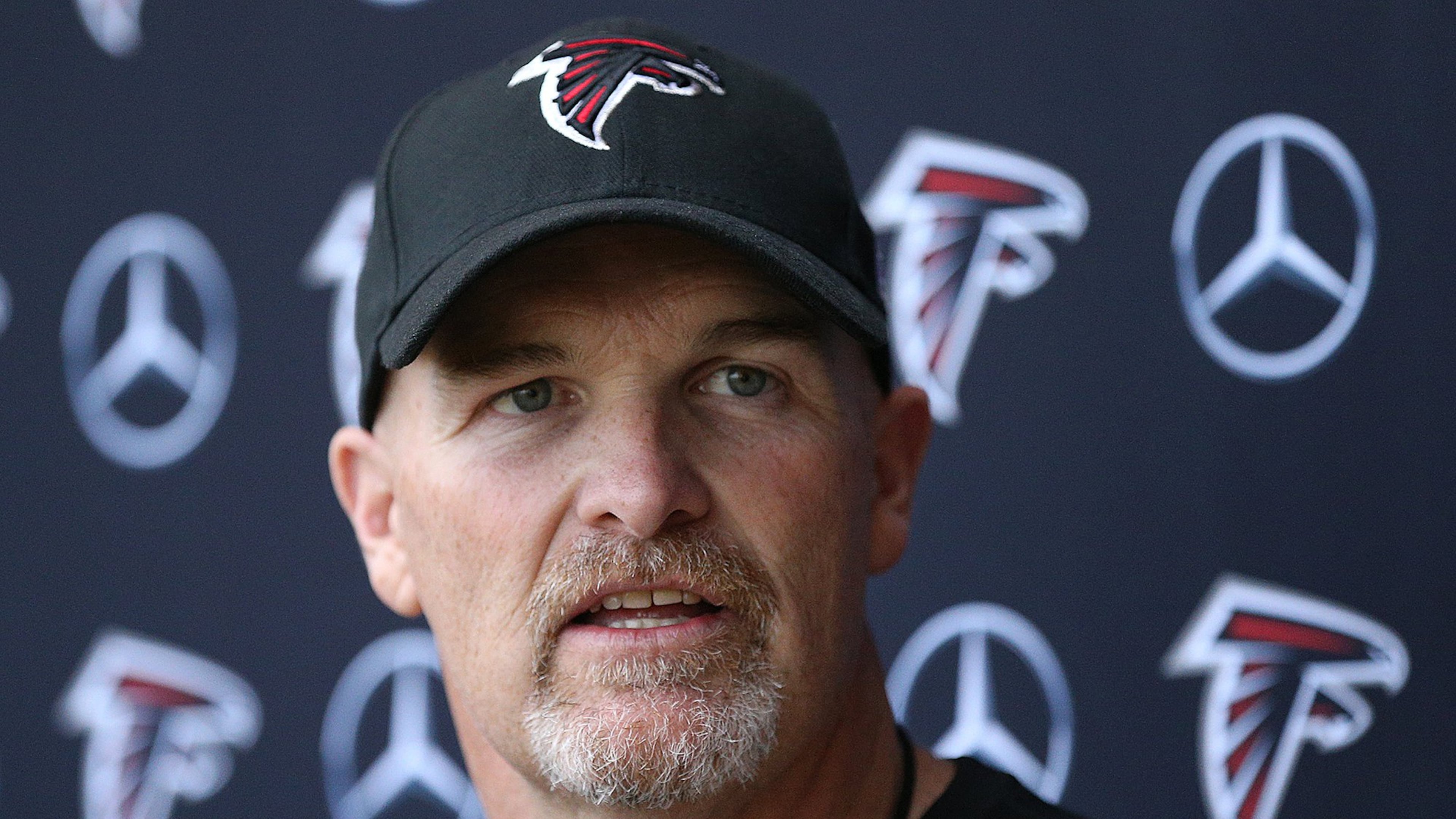 Falcons coach Dan Quinn takes questions from the media at his news conference during rookie minicamp on Friday, May 12, 2017, in Flowery Branch. Curtis Compton/ccompton@ajc.com