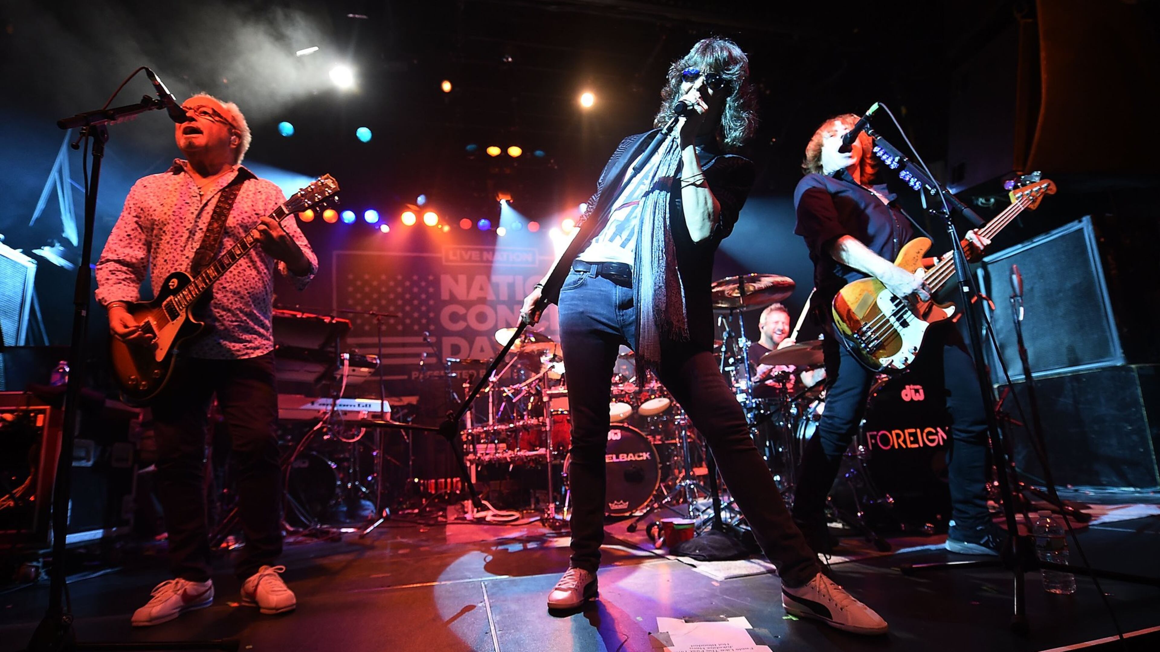 (L-R) Musicians Mick Jones, Kelly Hansen and Jeff Pilson of Foreigner perform during Live Nation’s celebration of The 3rd Annual National Concert Day at Irving Plaza earlier this year in New York City. (Photo by Michael Loccisano/Getty Images for Live Nation)