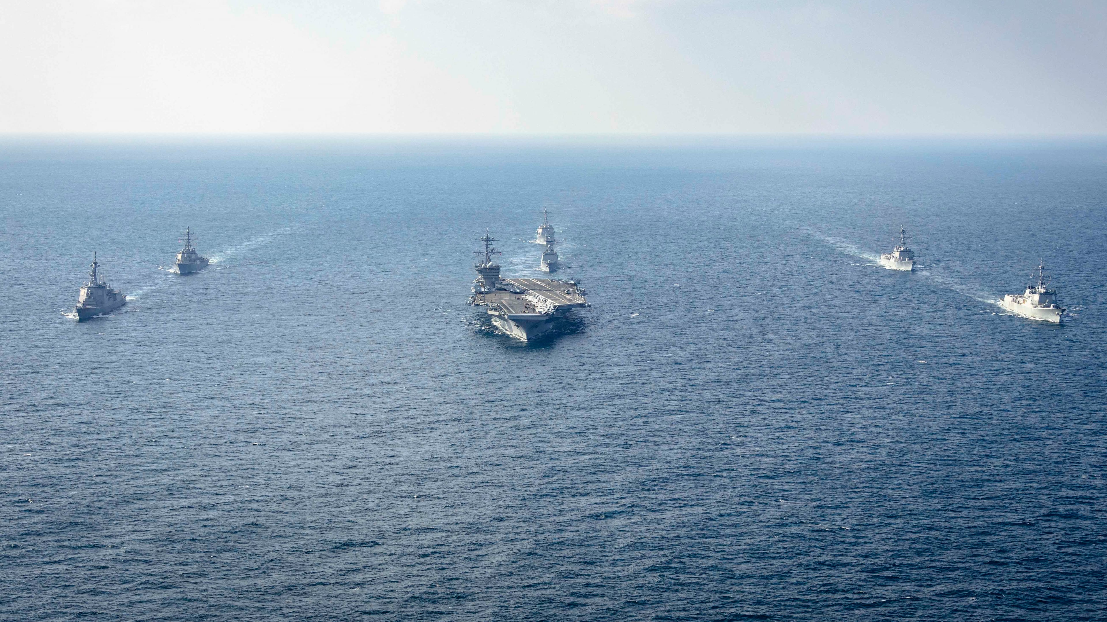FILE - In this photo provided by South Korea Defense Ministry, warships of South Korea, the United States and Japan including the USS George Washington aircraft carrier, bottom center, take part in the trilateral Freedom Edge exercise in international waters off South Korea's southern island of Jeju, on Nov. 13, 2024. (South Korea Defense Ministry via AP, File)