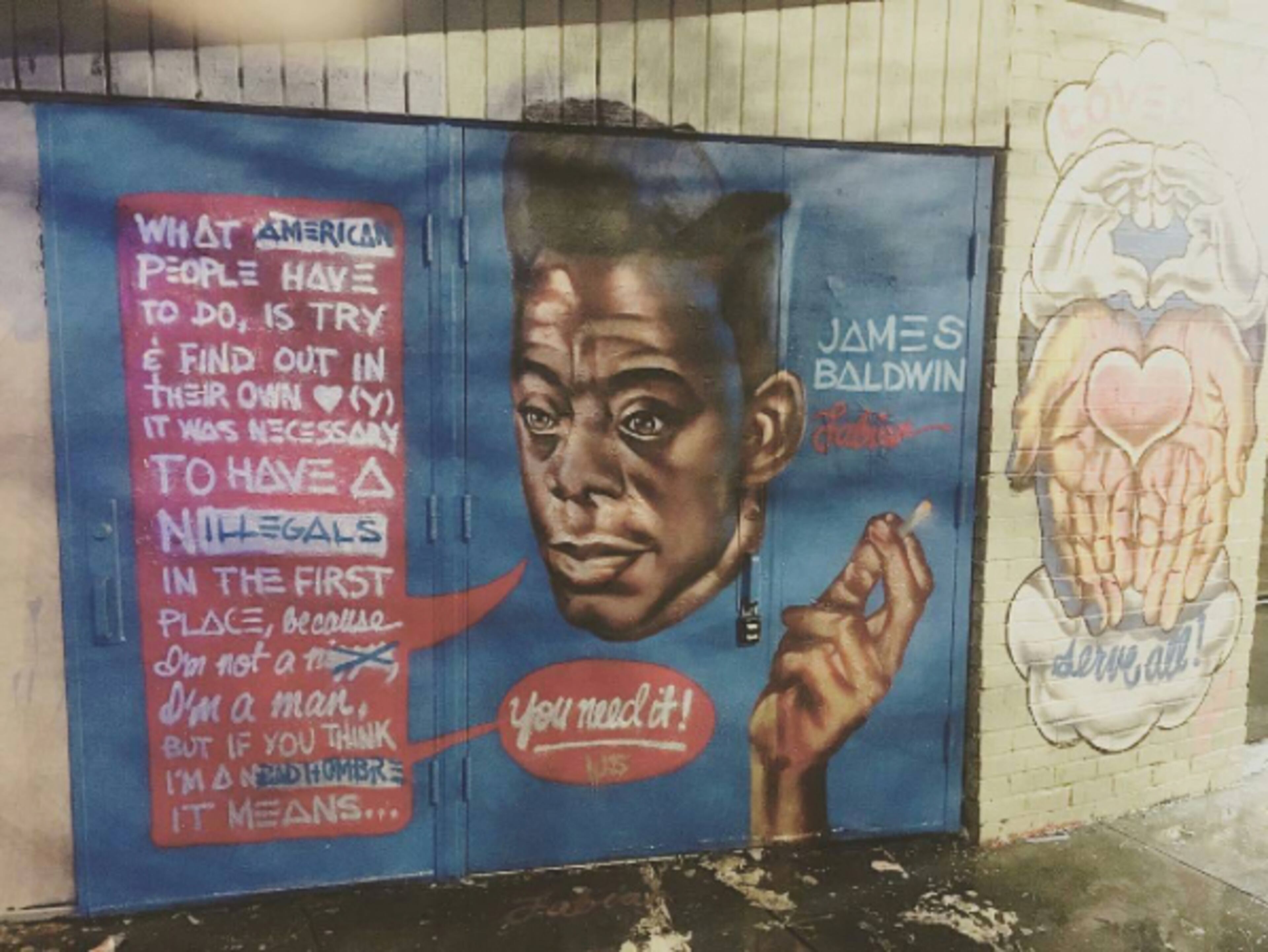 Occasional Superstar (James Baldwin in East Atlanta): The lawsuit identifies two artworks shown here side-by-side: "One depicts a modern reimagining of author and intellectual James Baldwin and the other is an image of hands with a directive to love and serve."