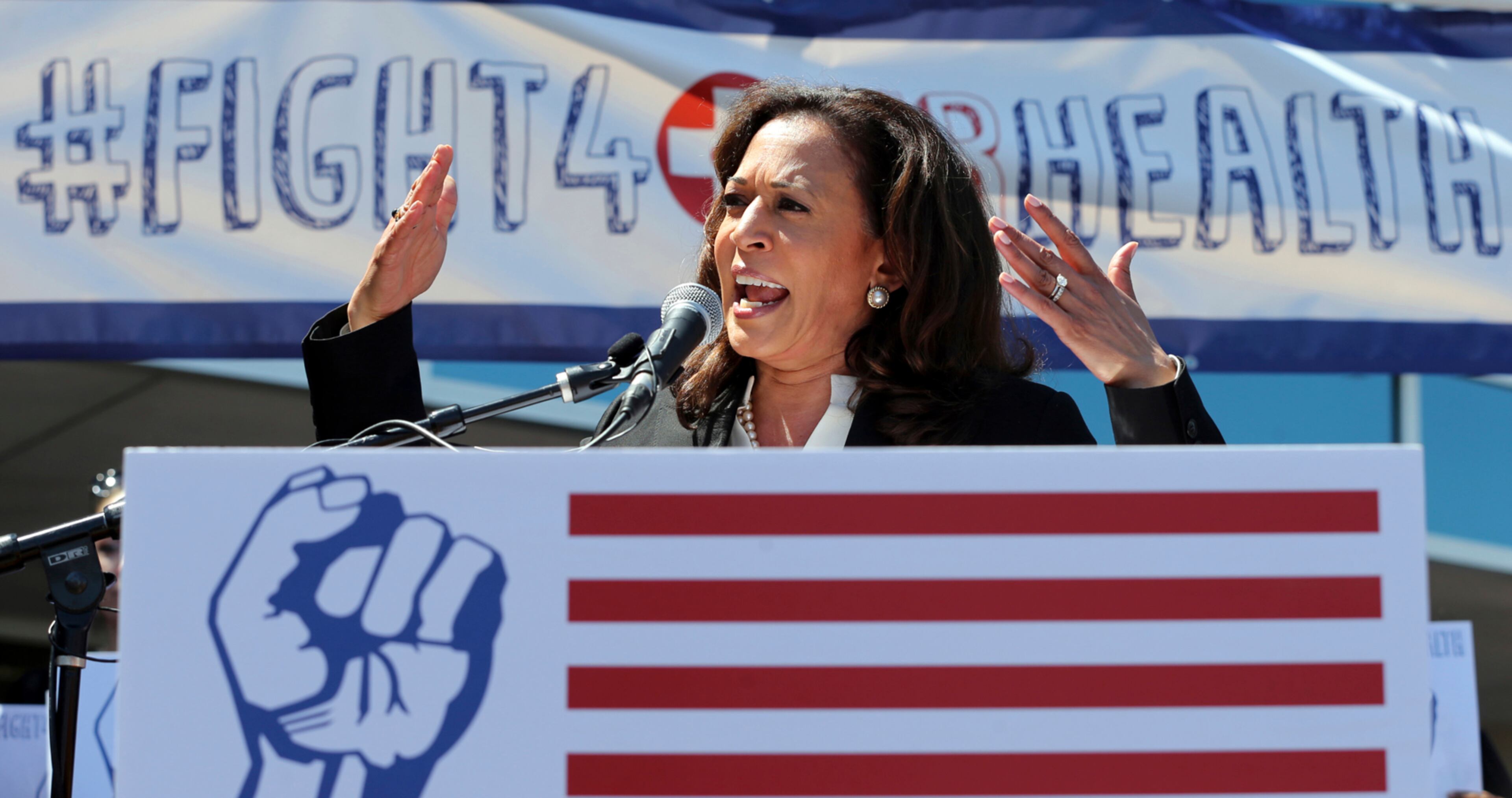 U.S. Sen. Kamala Harris, D-Calif., speaks at a rally against the GOP health care bill at Harbor-UCLA Medical Center in Torrance, Calif., Monday, July 3, 2017. Harris participated in the rally with the Courage Campaign, SEIU, Health Access, doctors, nurses, health care workers, advocates for children and seniors, and patients who could lose access to health care or see costs rise. (AP Photo/Reed Saxon)