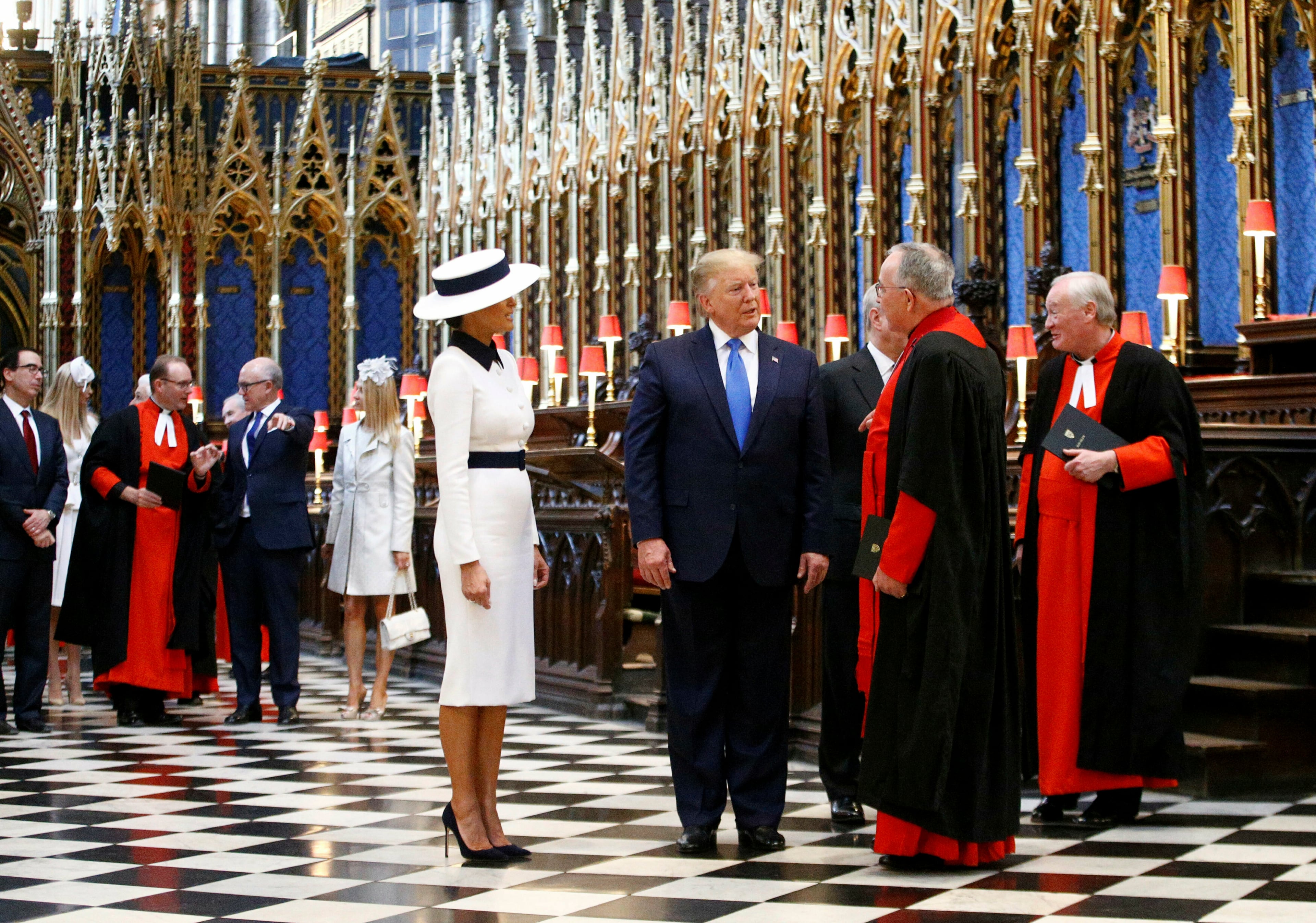 U.S. President Donald Trump and First Lady Melania Trump tour Westminster Abbey in London, Monday, June 3, 2019. Trump is on a three-day state visit to Britain. (Henry Nicholls/Pool photo via AP)