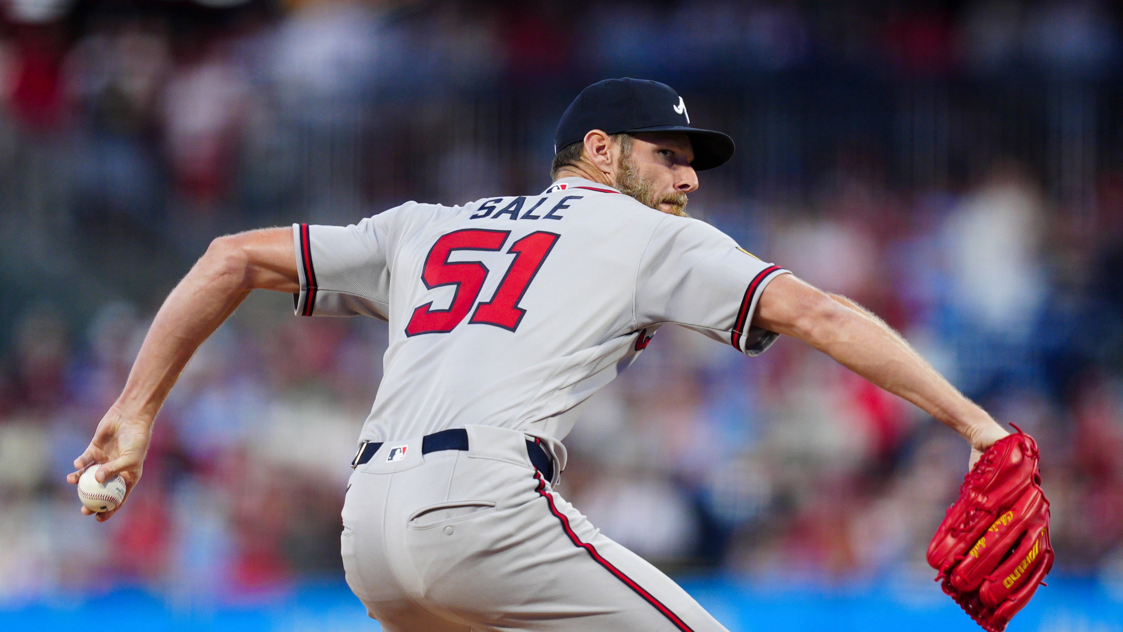Atlanta Braves pitcher Chris Sale throws during the first inning of a baseball game against the Philadelphia Phillies, Saturday, April 18, 2026, in Philadelphia. (AP Photo/Derik Hamilton)