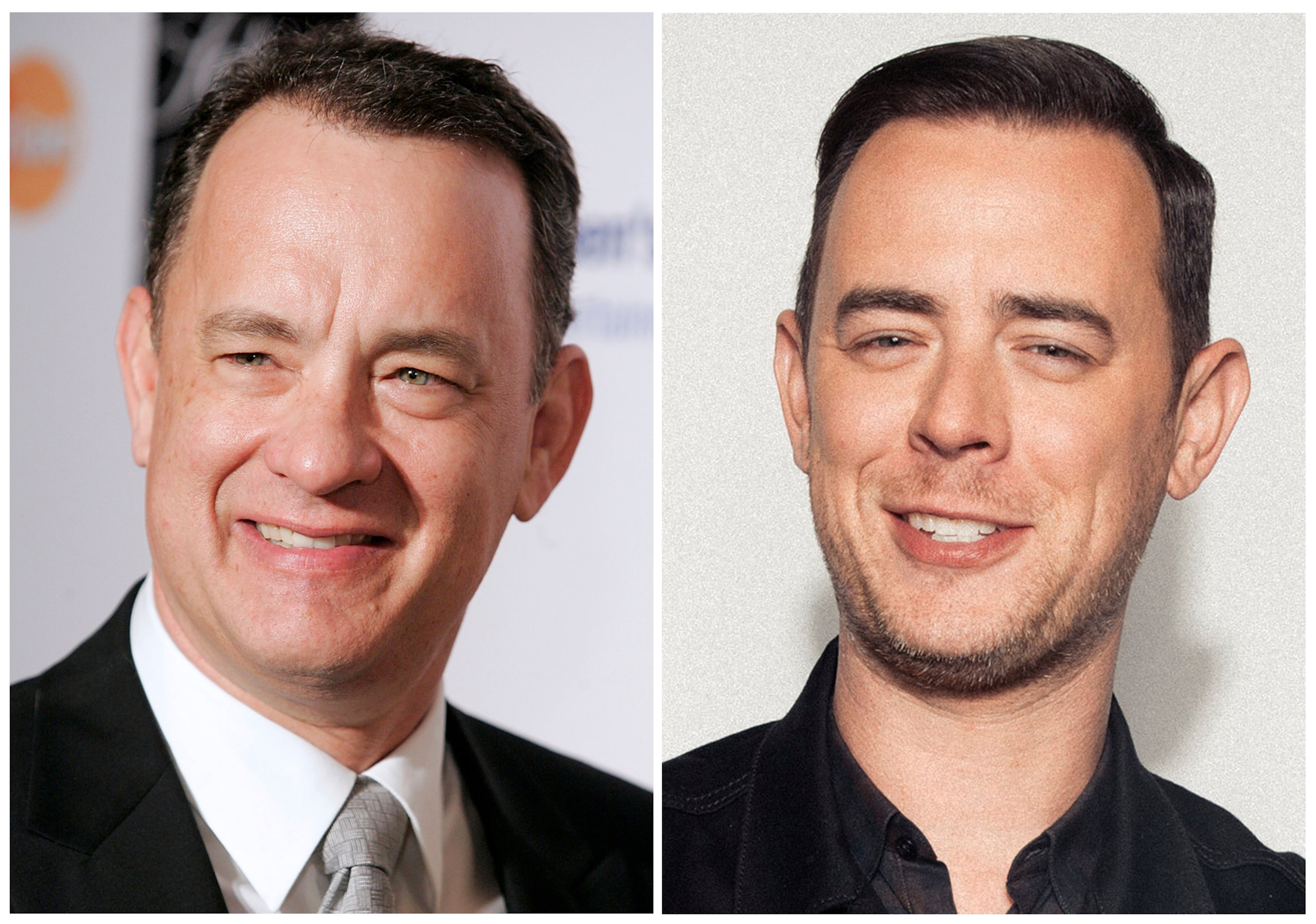 Tom Hanks appears at a gala to benefit the Entertainment Industry Foundation's Women's Cancer Research Fund in Beverly Hills, Calif. on Feb. 20, 2008, left, and his son Colin Hanks appears during a photo session in New York to promote his series, "Life in Pieces," on Oct. 26, 2016. (AP Photo/Dan Steinberg, left, and Victoria Will/Invision/AP)